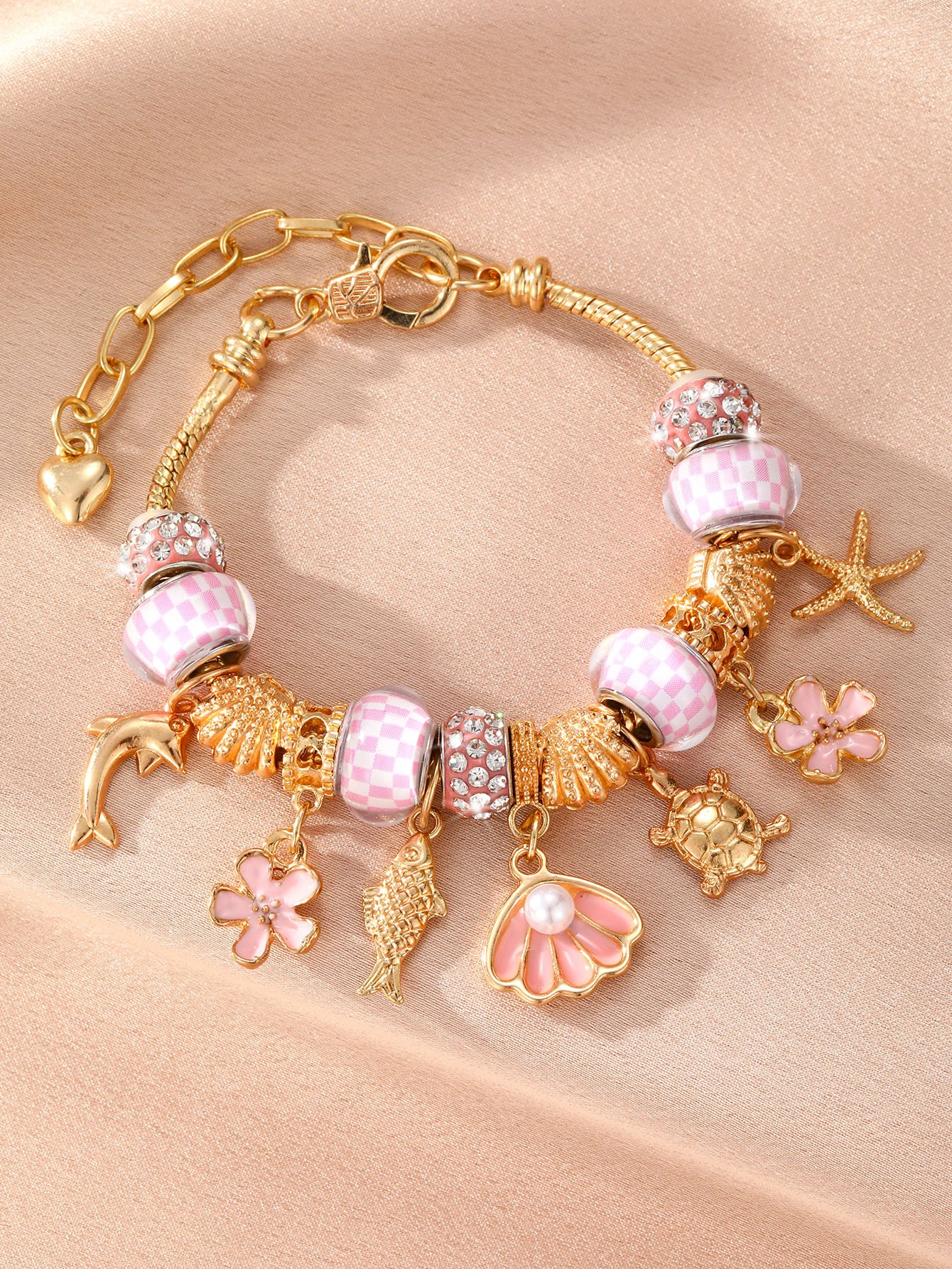 Gold Charm Bracelet with Pink Sea-Inspired Accents for Women - Casual and Stylish