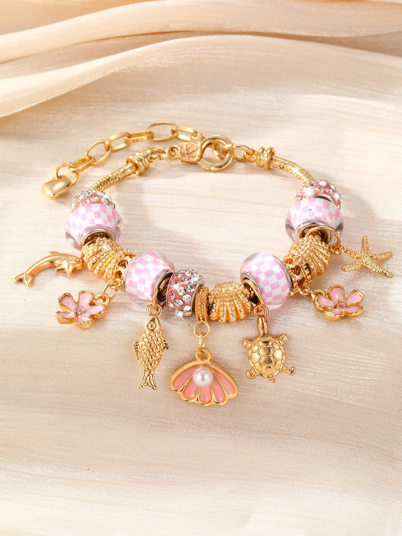 Gold Charm Bracelet with Pink Sea-Inspired Accents for Women - Casual and Stylish