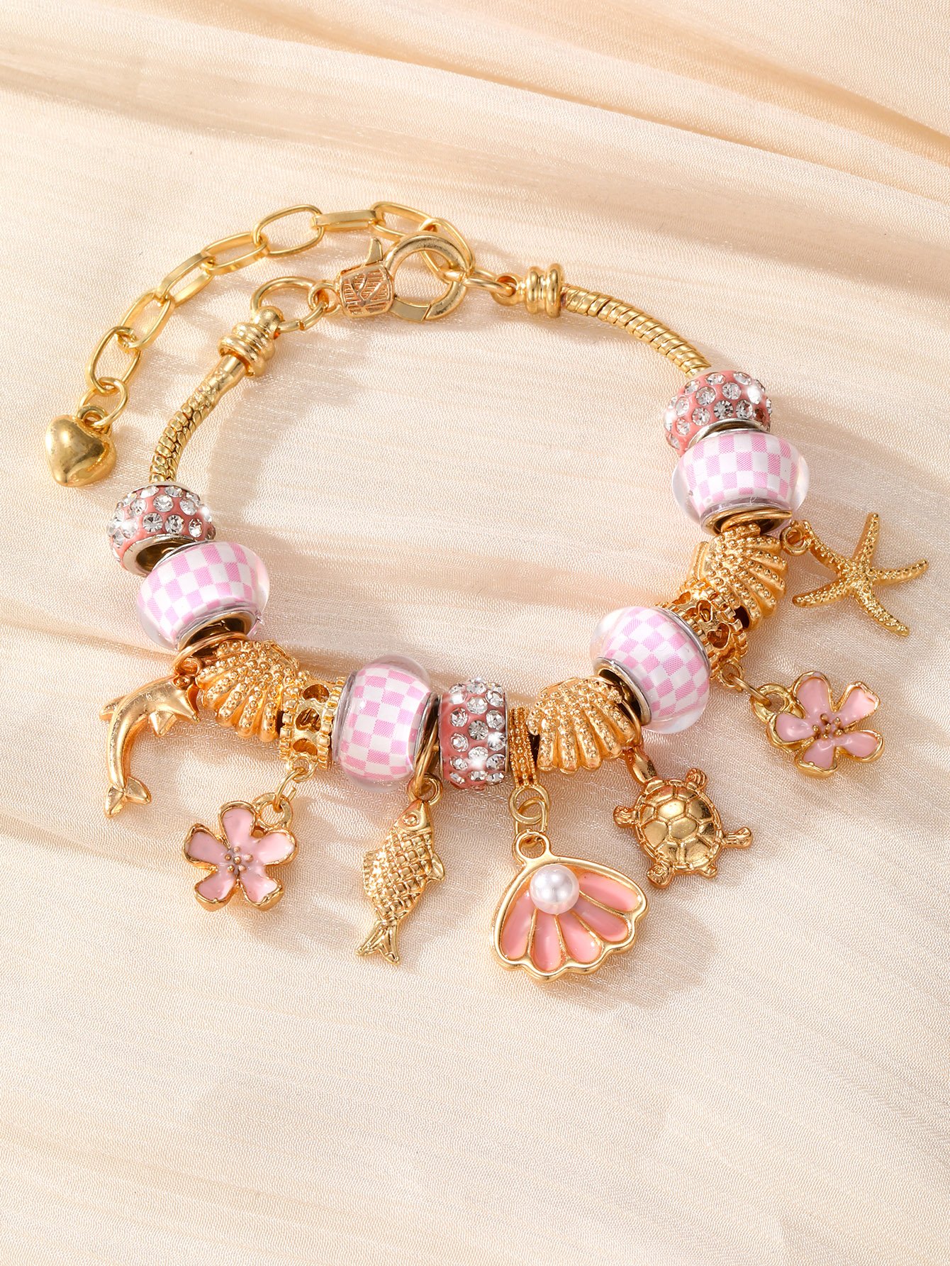 Gold Charm Bracelet with Pink Sea-Inspired Accents for Women - Casual and Stylish