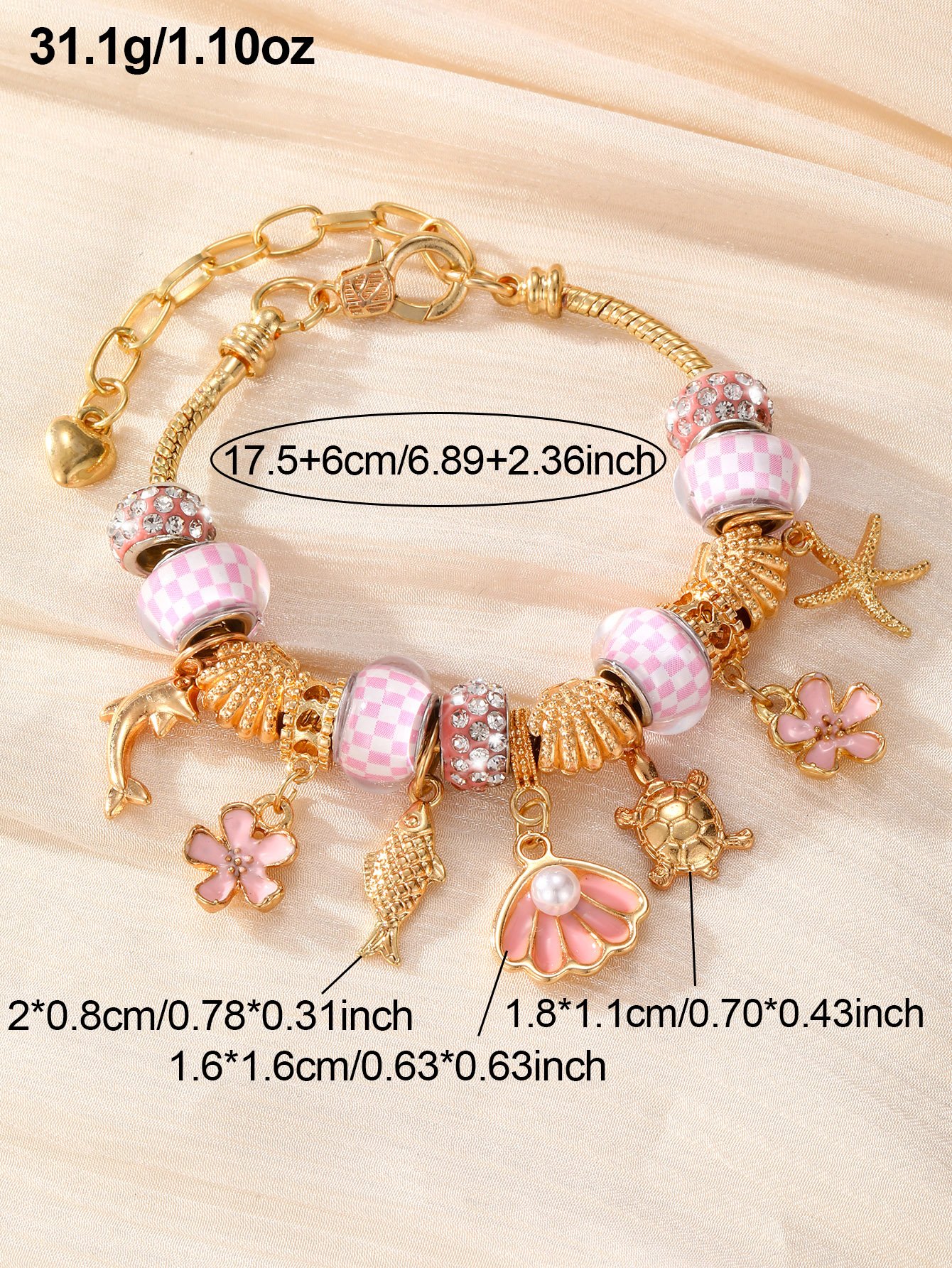 Gold Charm Bracelet with Pink Sea-Inspired Accents for Women - Casual and Stylish