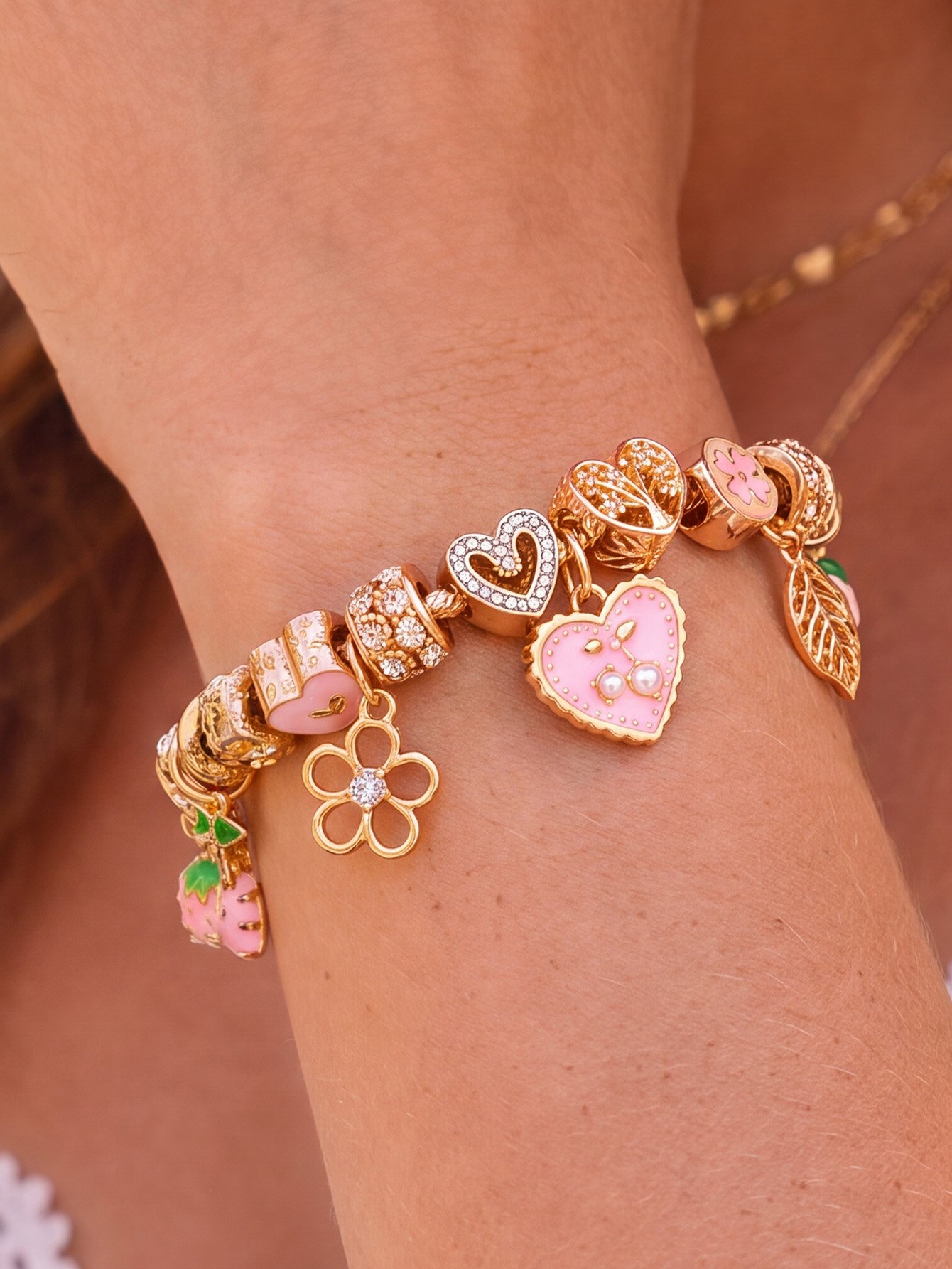 Golden Charm Bracelet for Women - Casual Pink Heart and Strawberry Accents