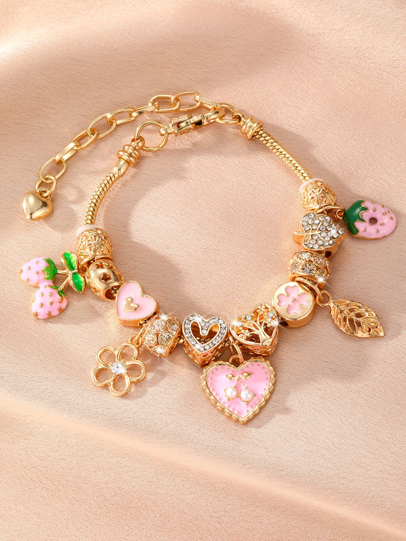 Golden Charm Bracelet for Women - Casual Pink Heart and Strawberry Accents