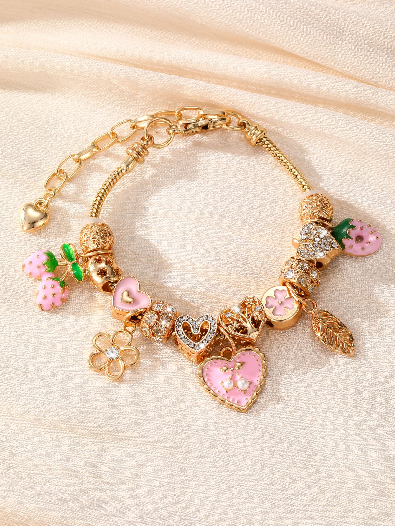 Golden Charm Bracelet for Women - Casual Pink Heart and Strawberry Accents