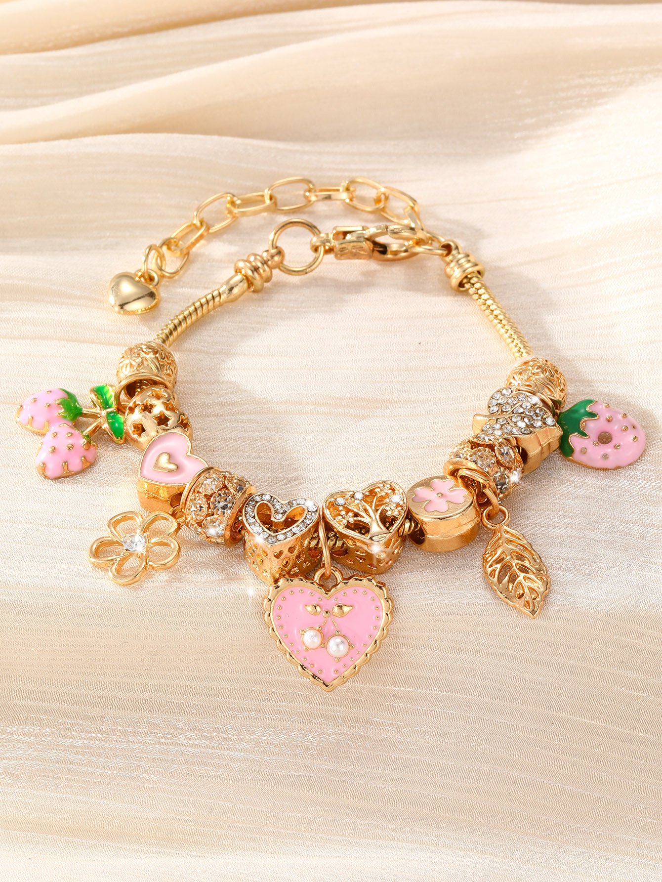 Golden Charm Bracelet for Women - Casual Pink Heart and Strawberry Accents
