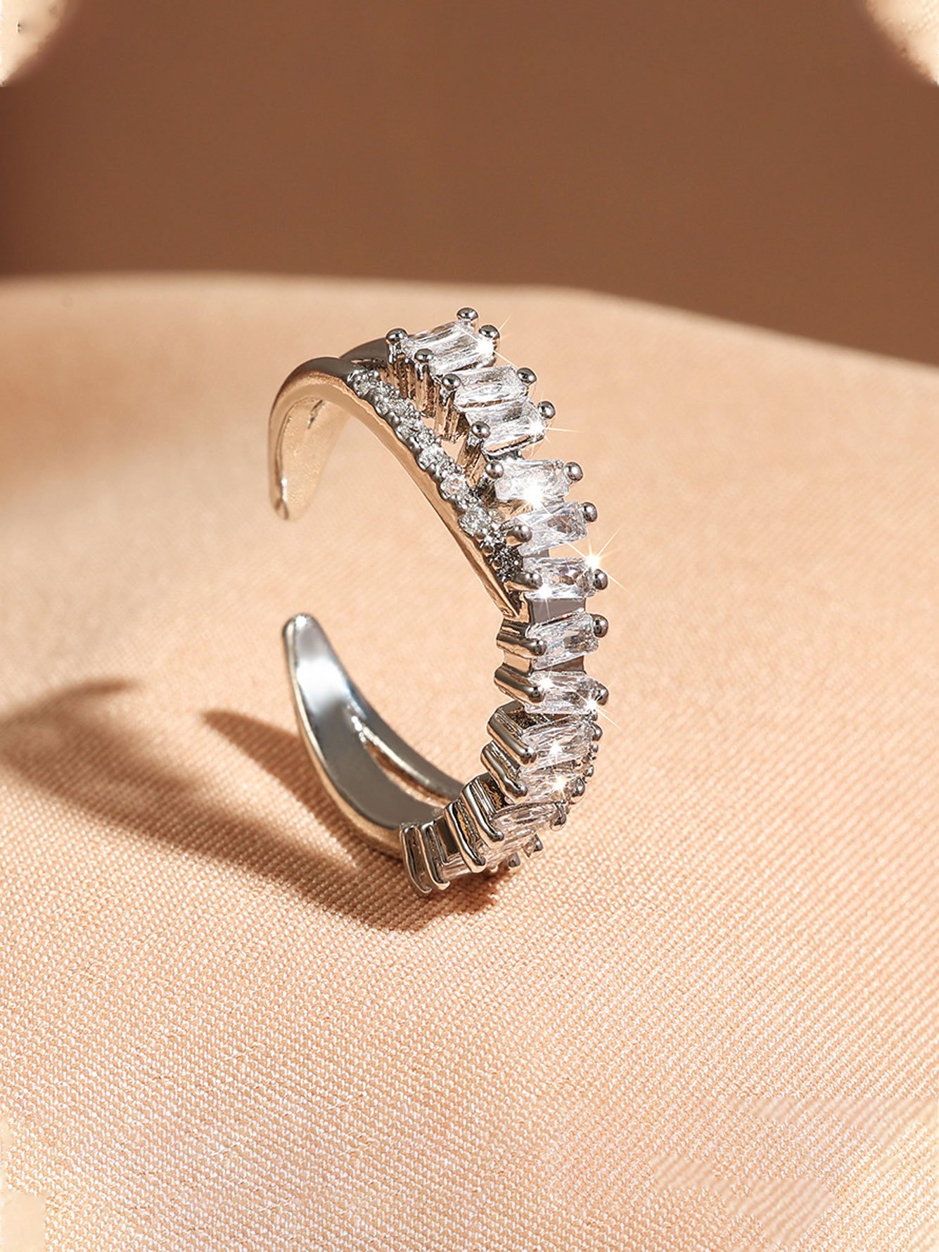 1pc WomensSilver Open Rectangular Zircon Ring