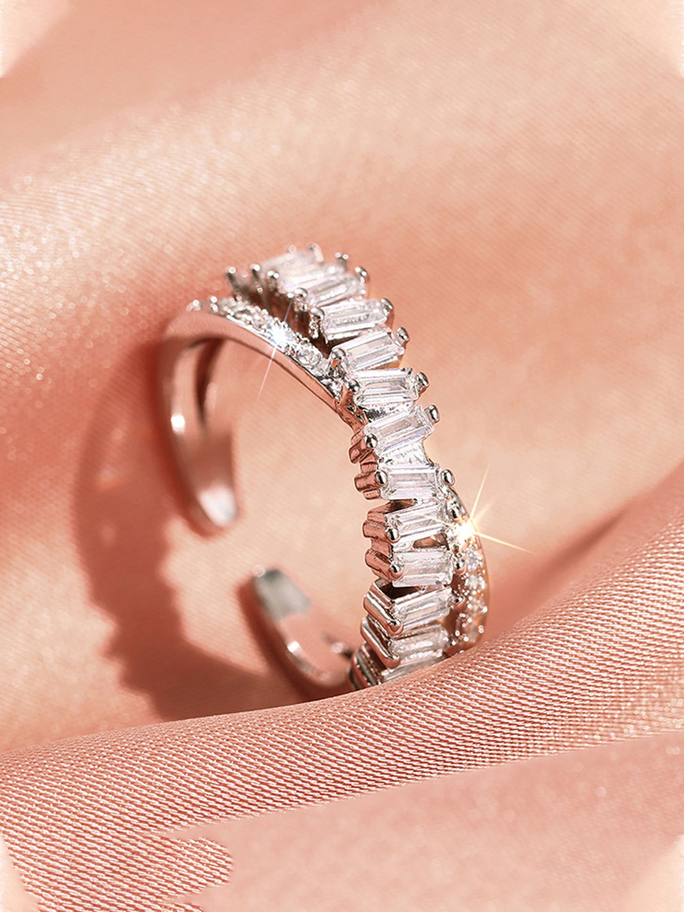 1pc WomensSilver Open Rectangular Zircon Ring