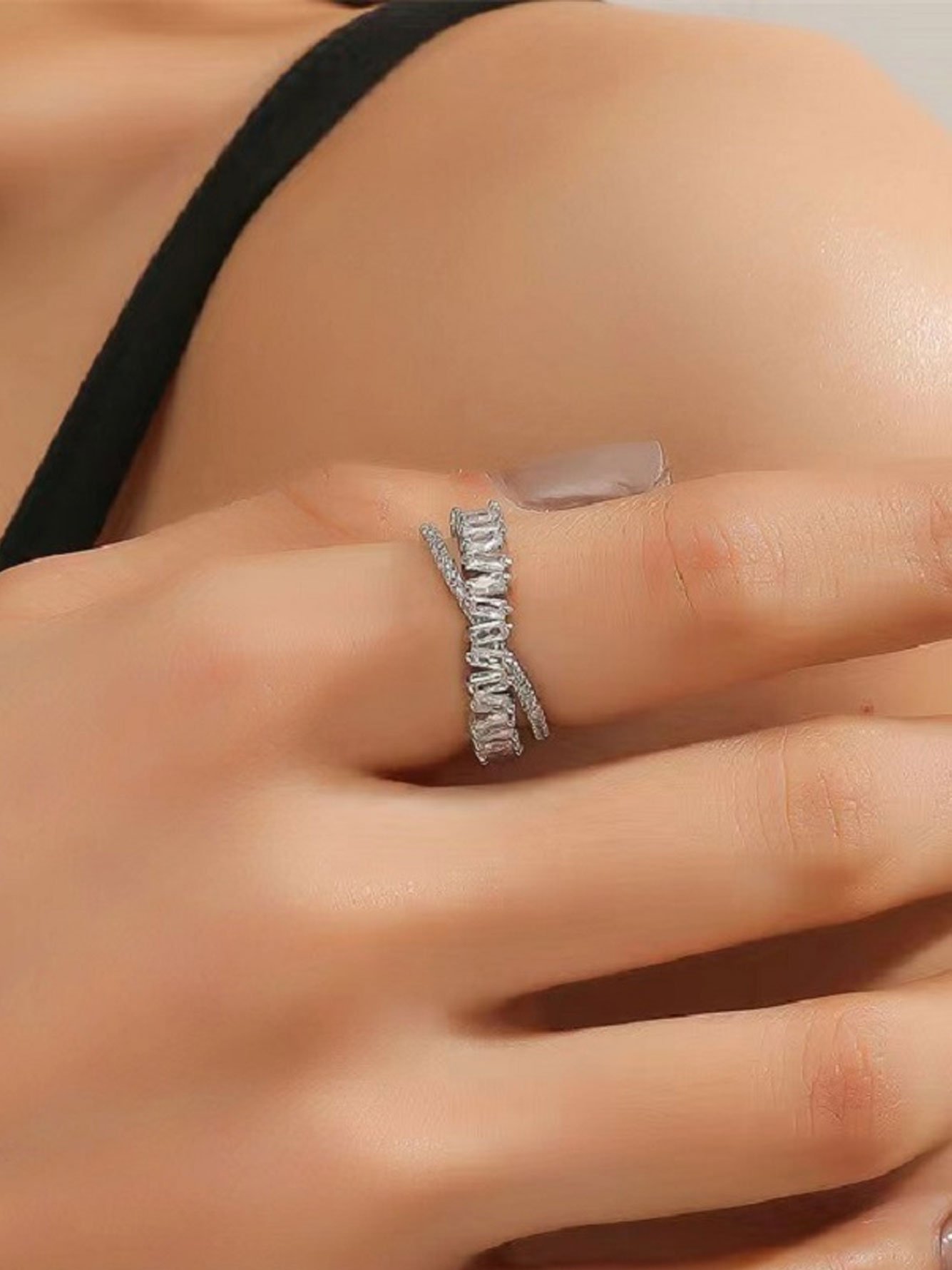 1pc WomensSilver Open Rectangular Zircon Ring