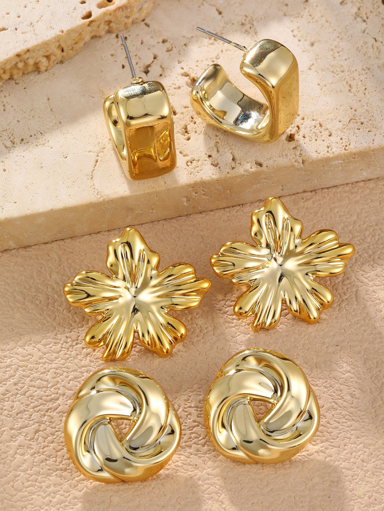 3Pairs solid flower earring set