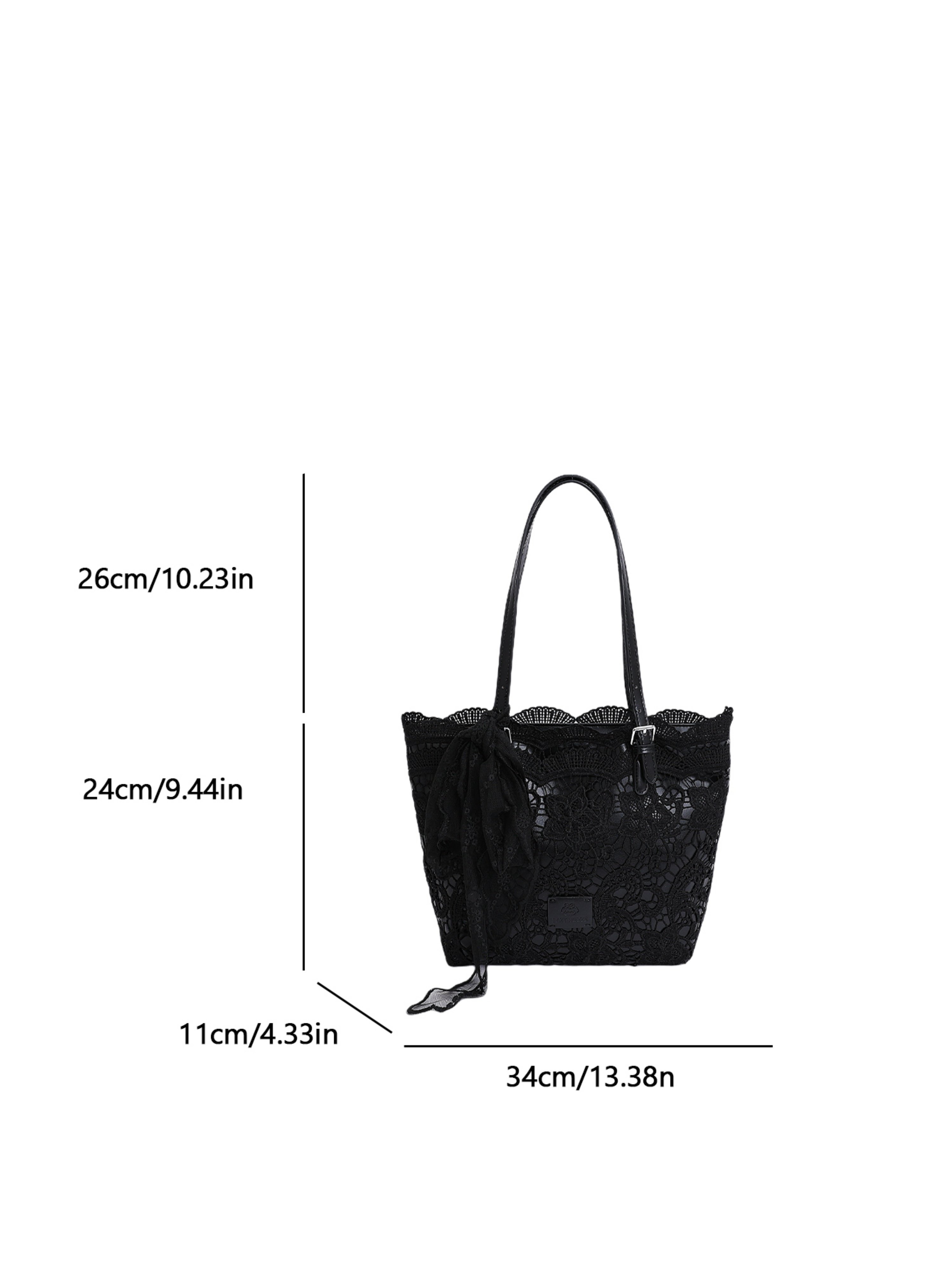 Lace Mesh Tote Bag Women PU Leather Shoulder Handbag Hollow Out Large Commute Bag 34x24x11cm