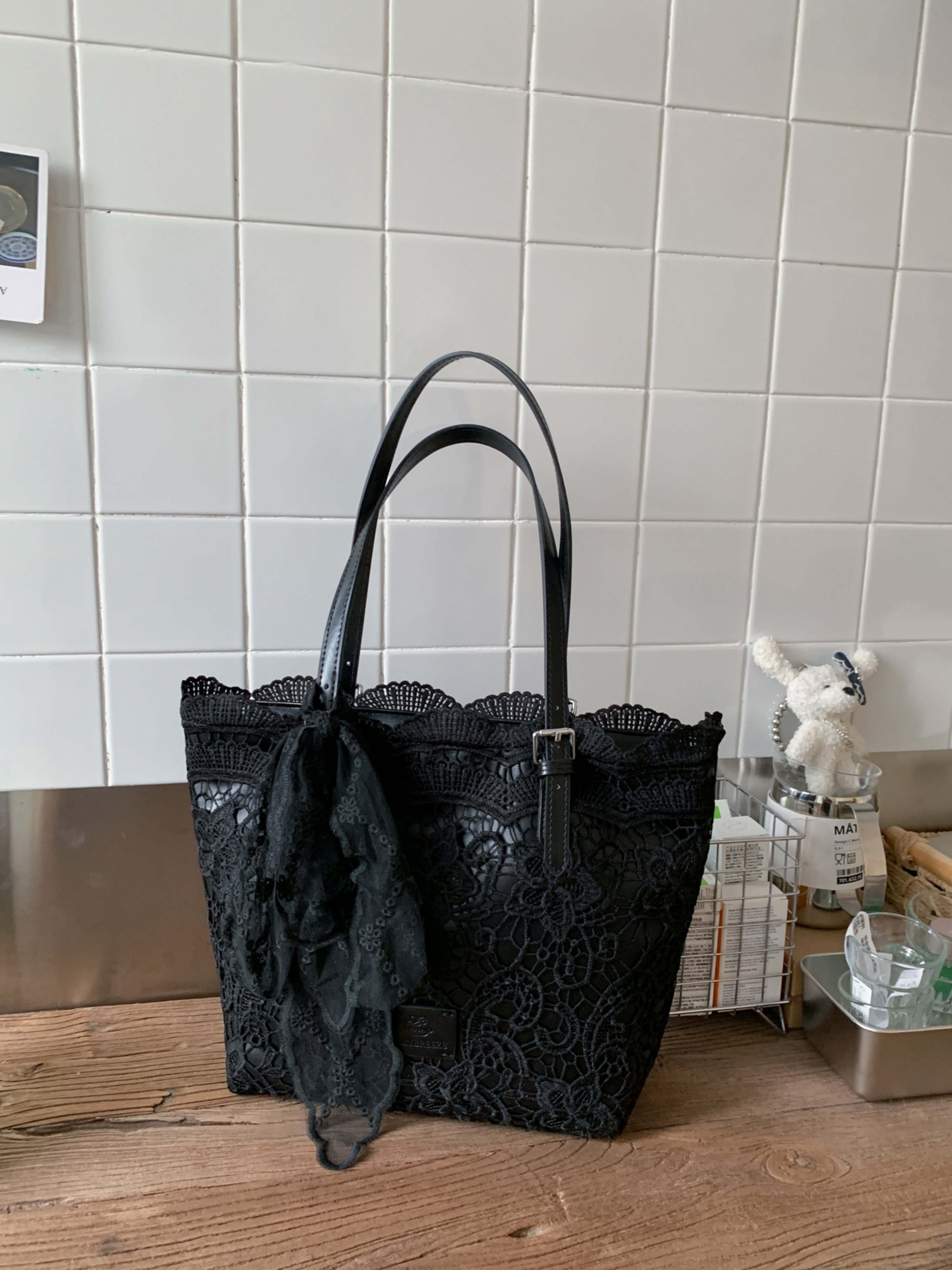 Lace Mesh Tote Bag Women PU Leather Shoulder Handbag Hollow Out Large Commute Bag 34x24x11cm