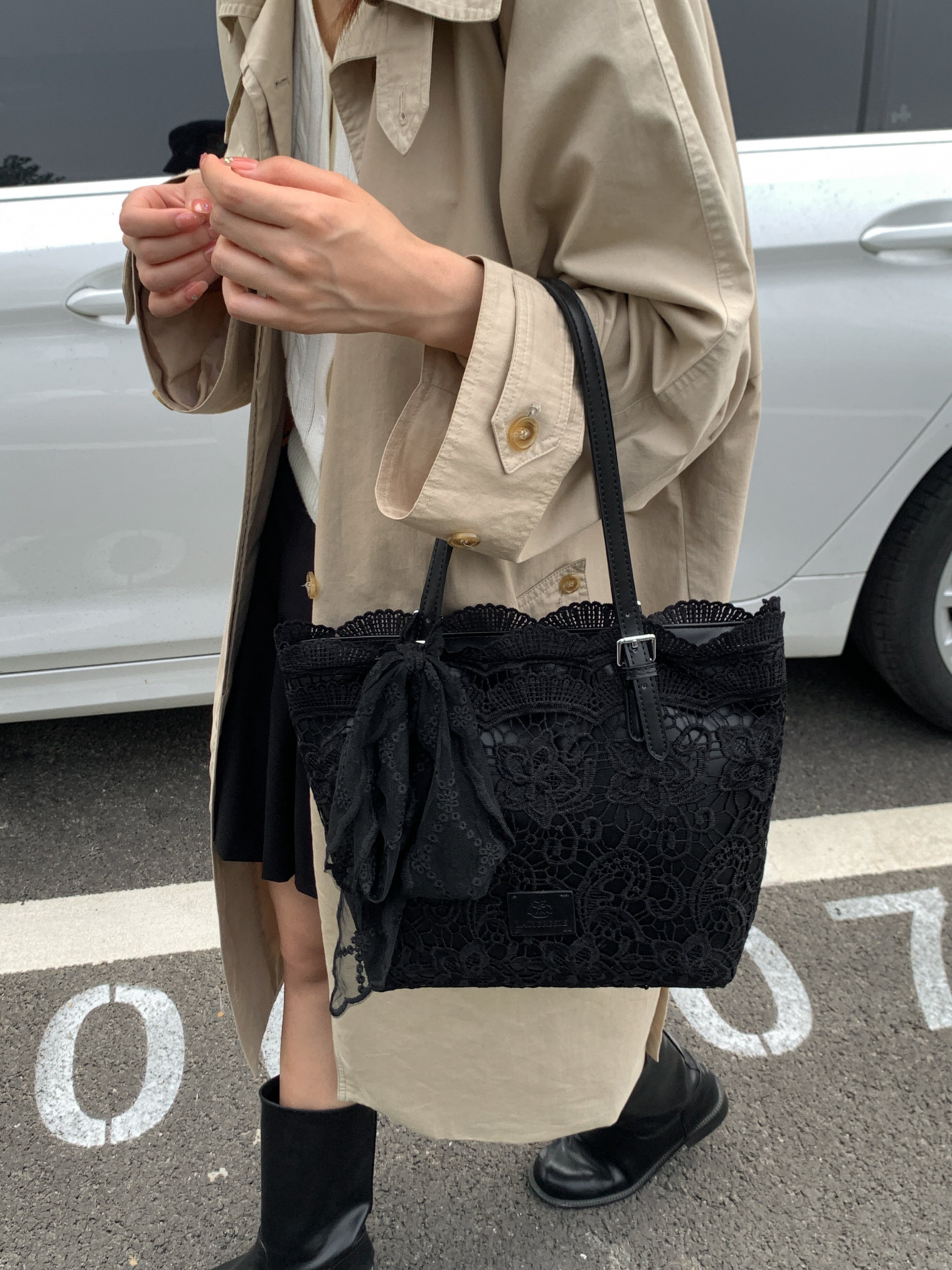 Lace Mesh Tote Bag Women PU Leather Shoulder Handbag Hollow Out Large Commute Bag 34x24x11cm
