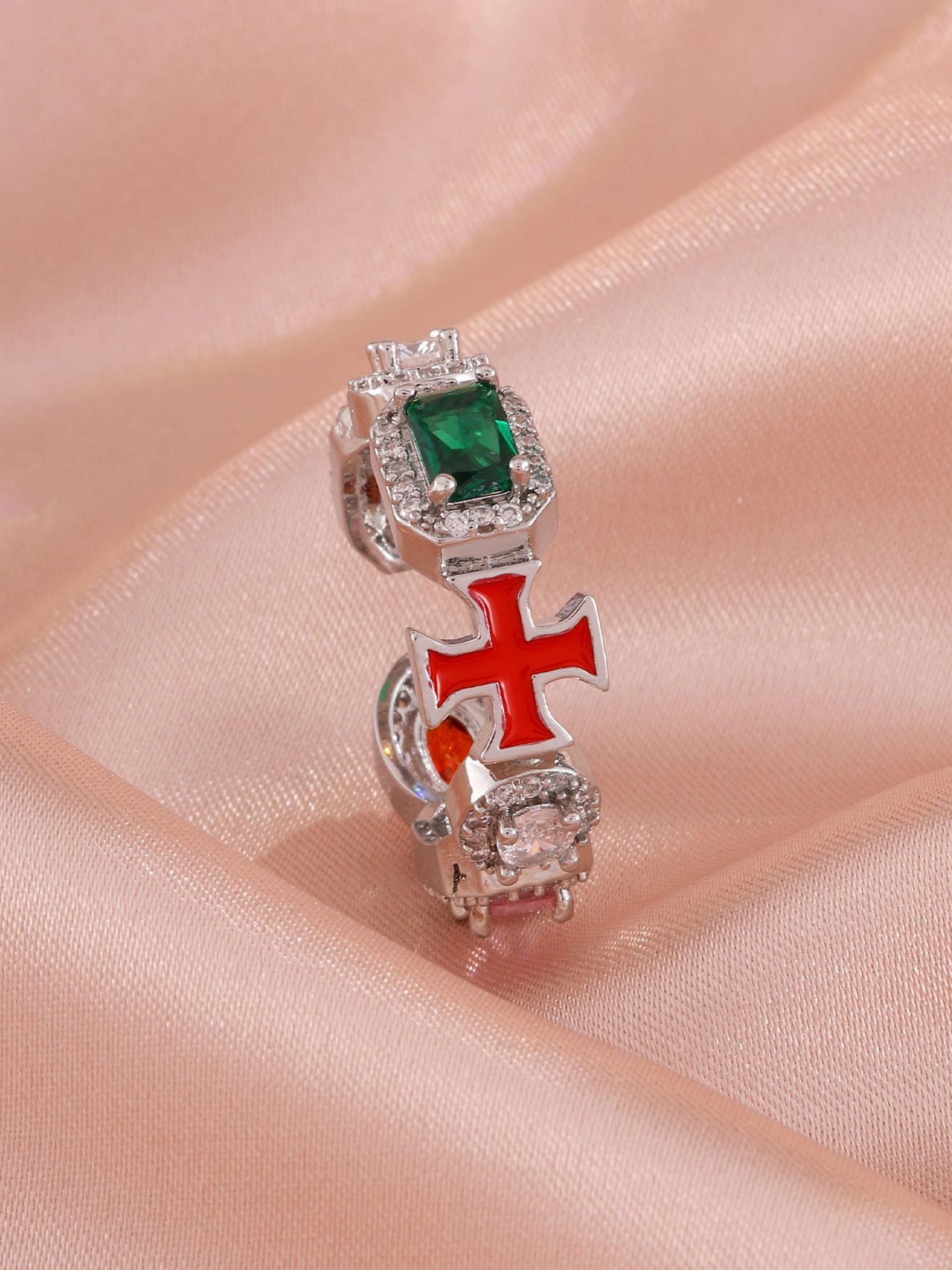 1pc Womens Silver Red Cross Ring