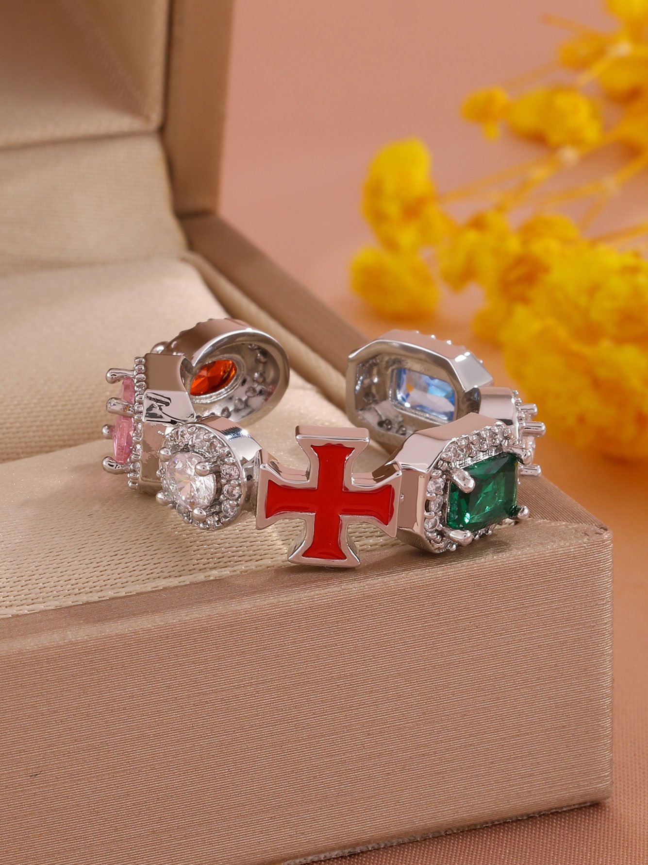 1pc Womens Silver Red Cross Ring