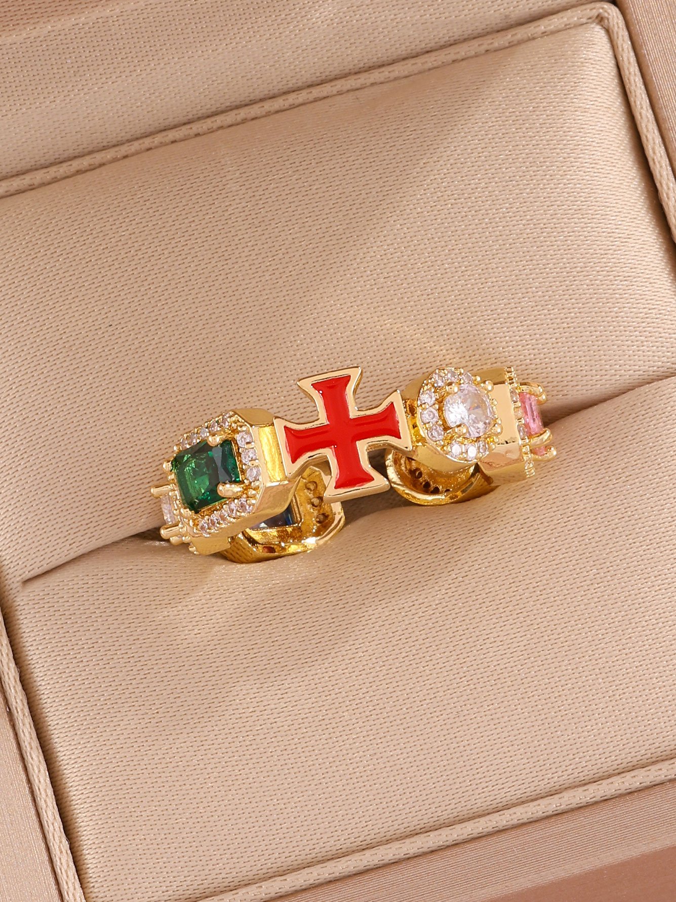 1pc Womens Gold Red Cross Ring