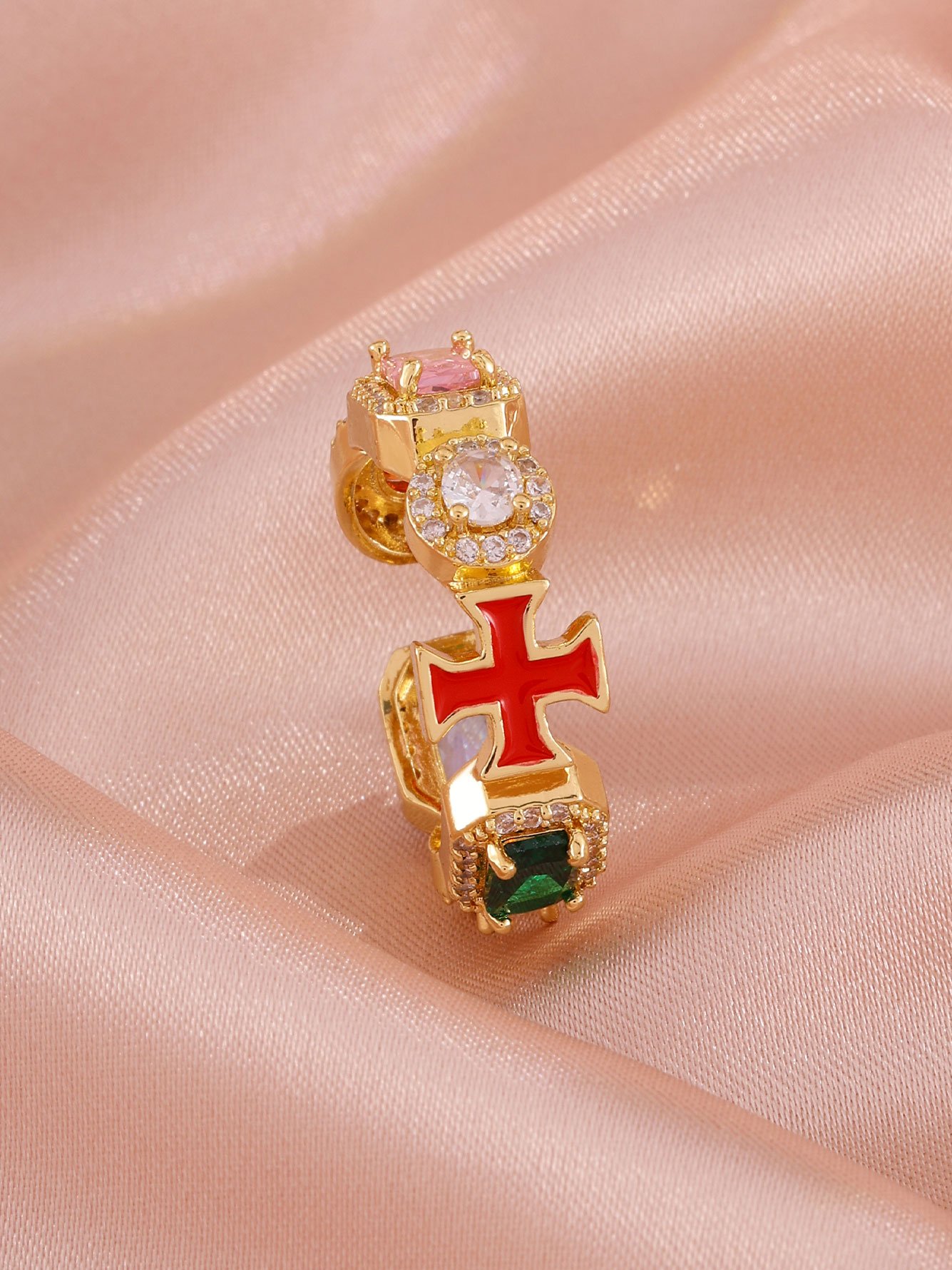 1pc Womens Gold Red Cross Ring