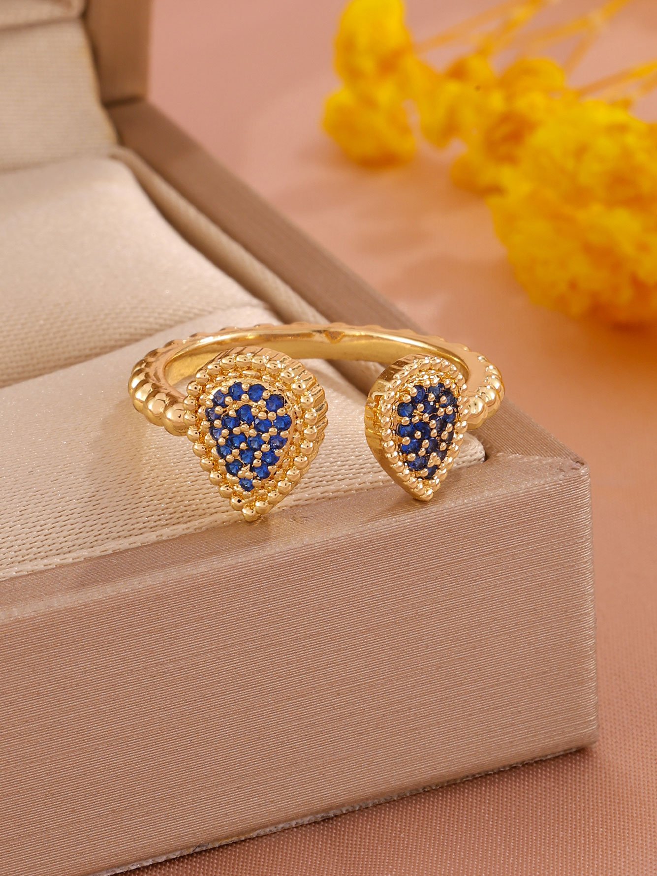 1pc Womens Gold Open Drop Blue Ring