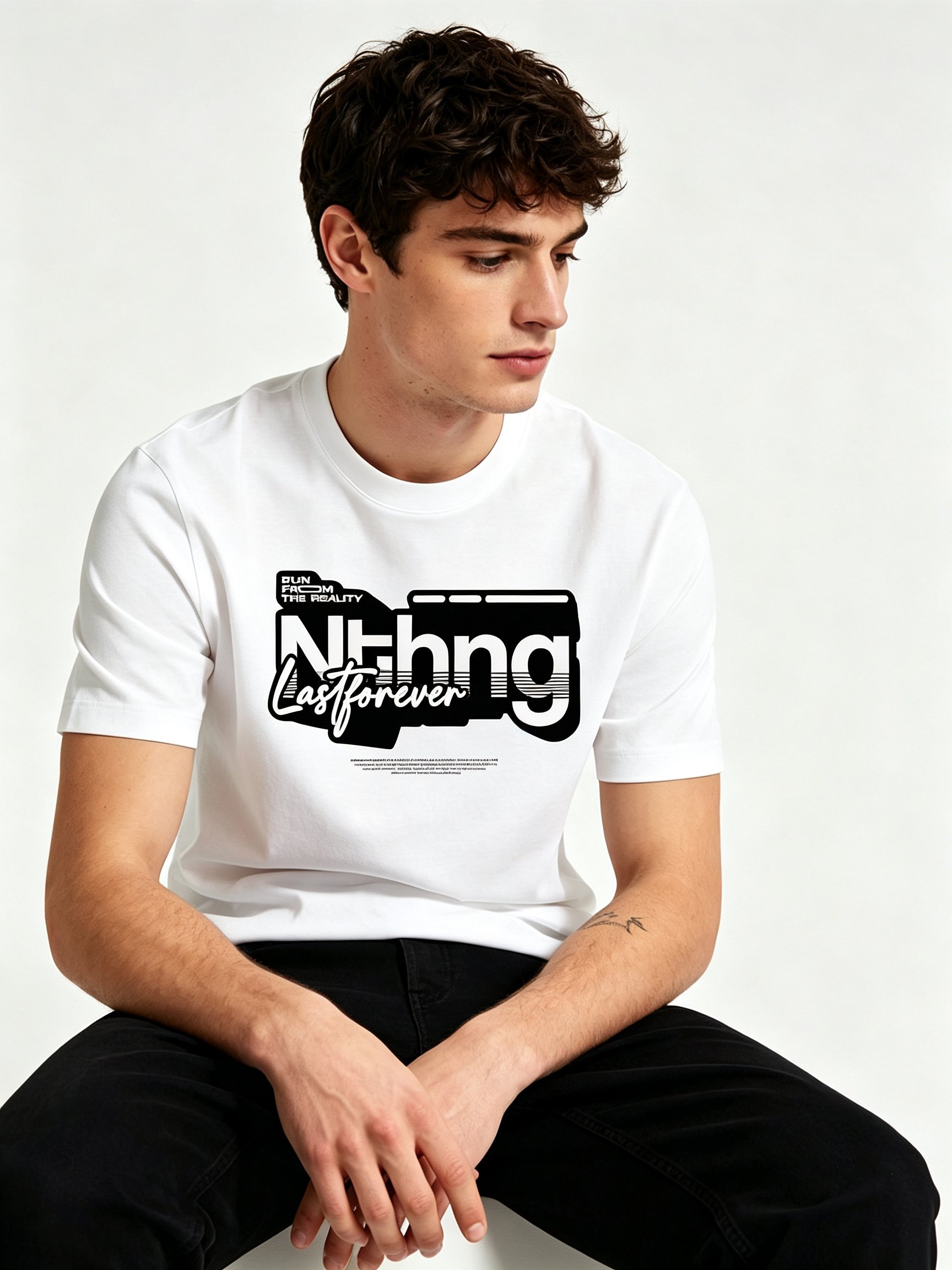White Printed Round Neck Regular T-Shirt