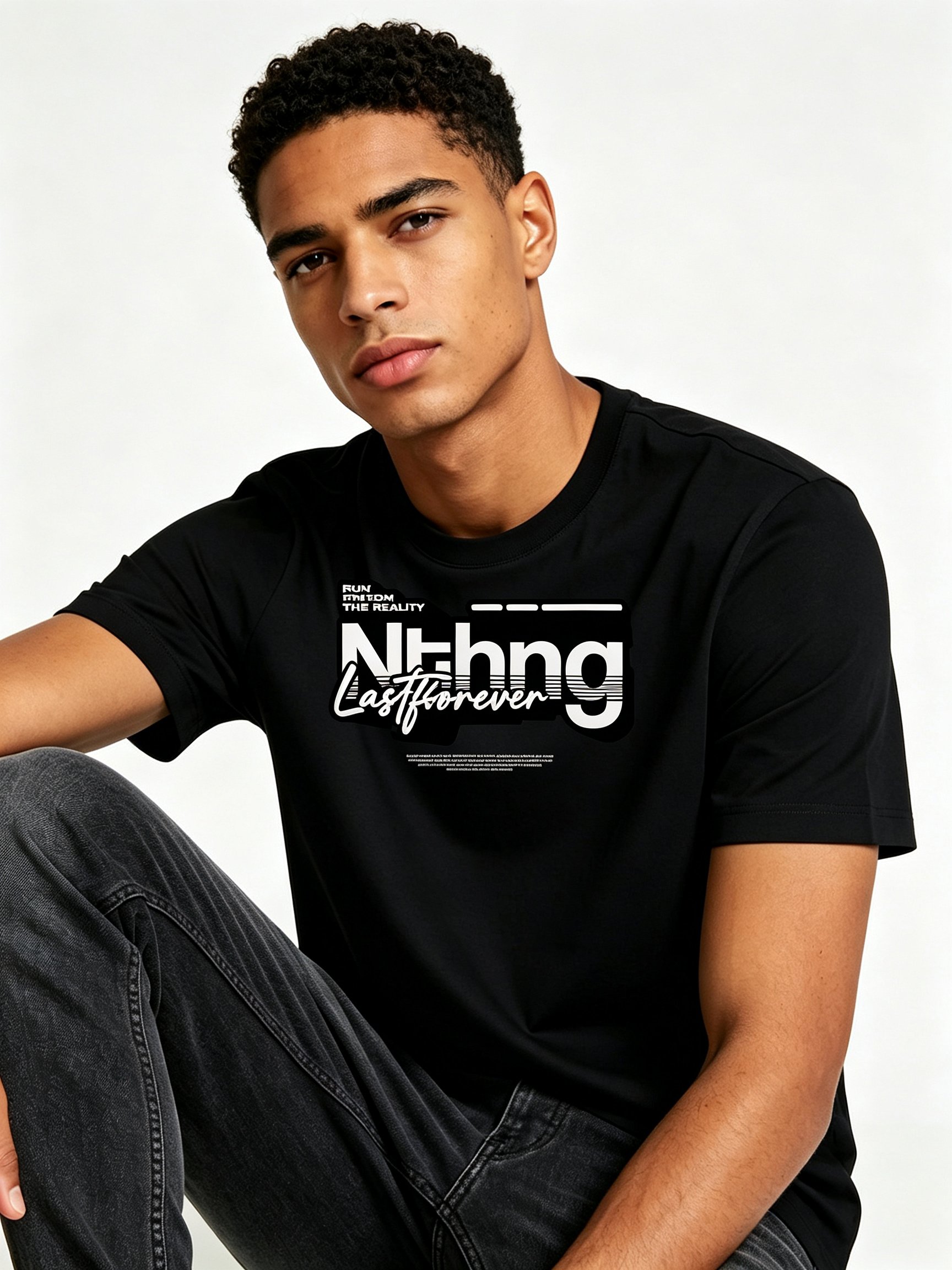 Black Printed Round Neck Regular T-Shirt