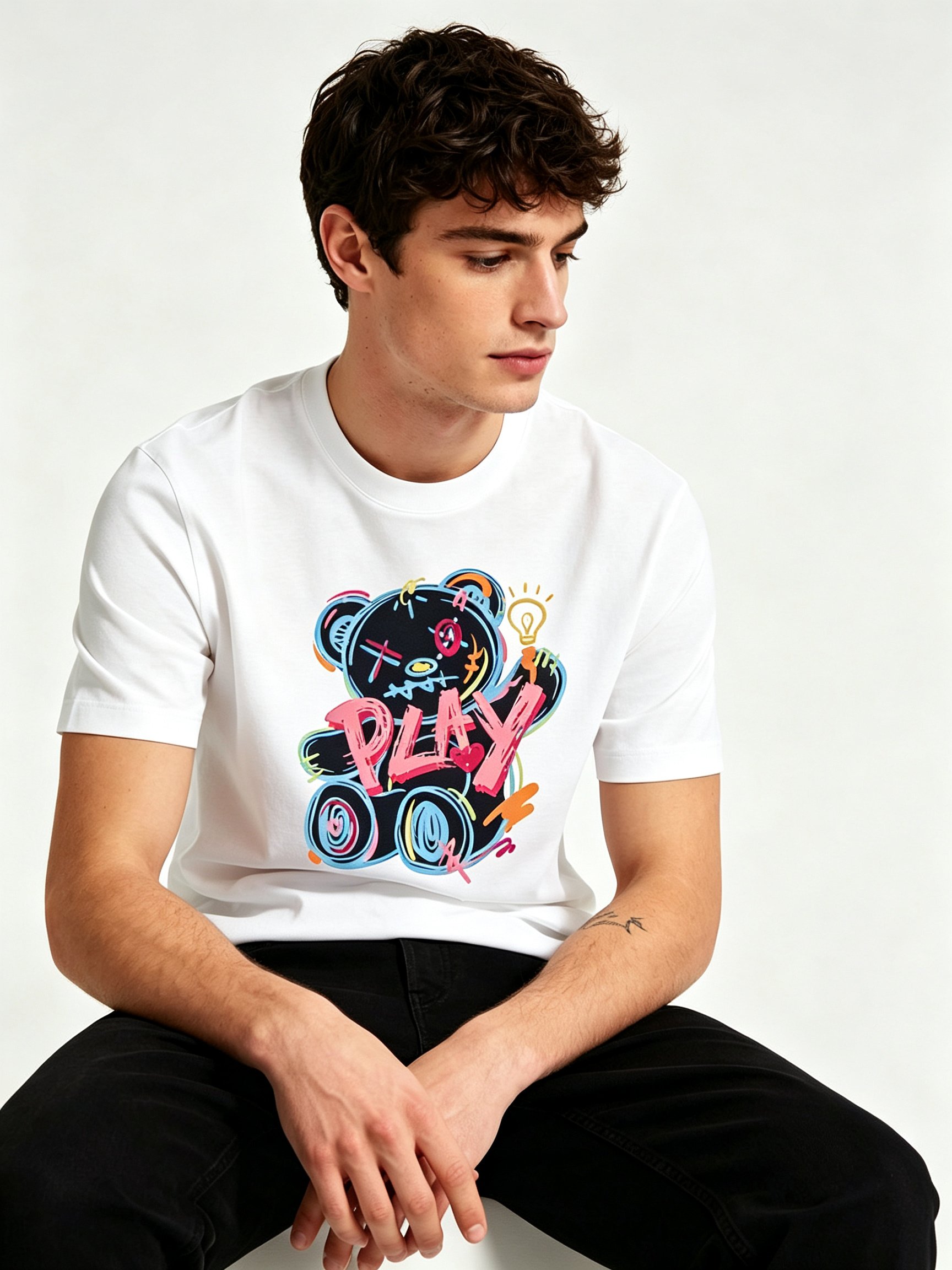 White Printed Round Neck Regular T-Shirt