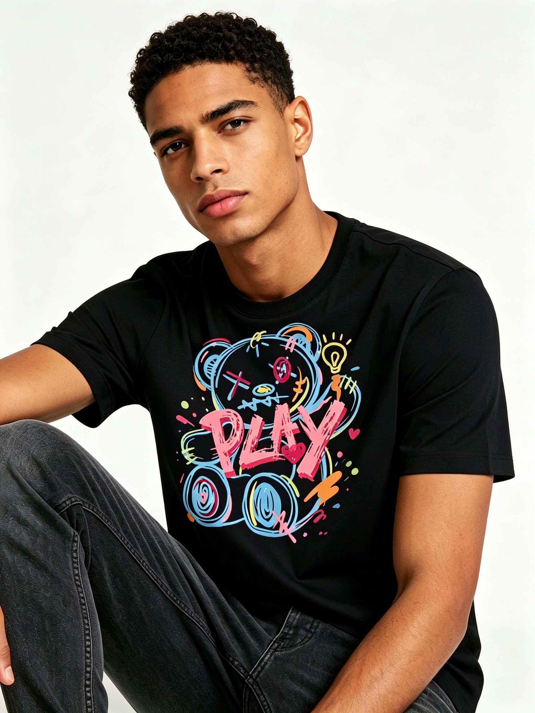 Black Printed Round Neck Regular T-Shirt