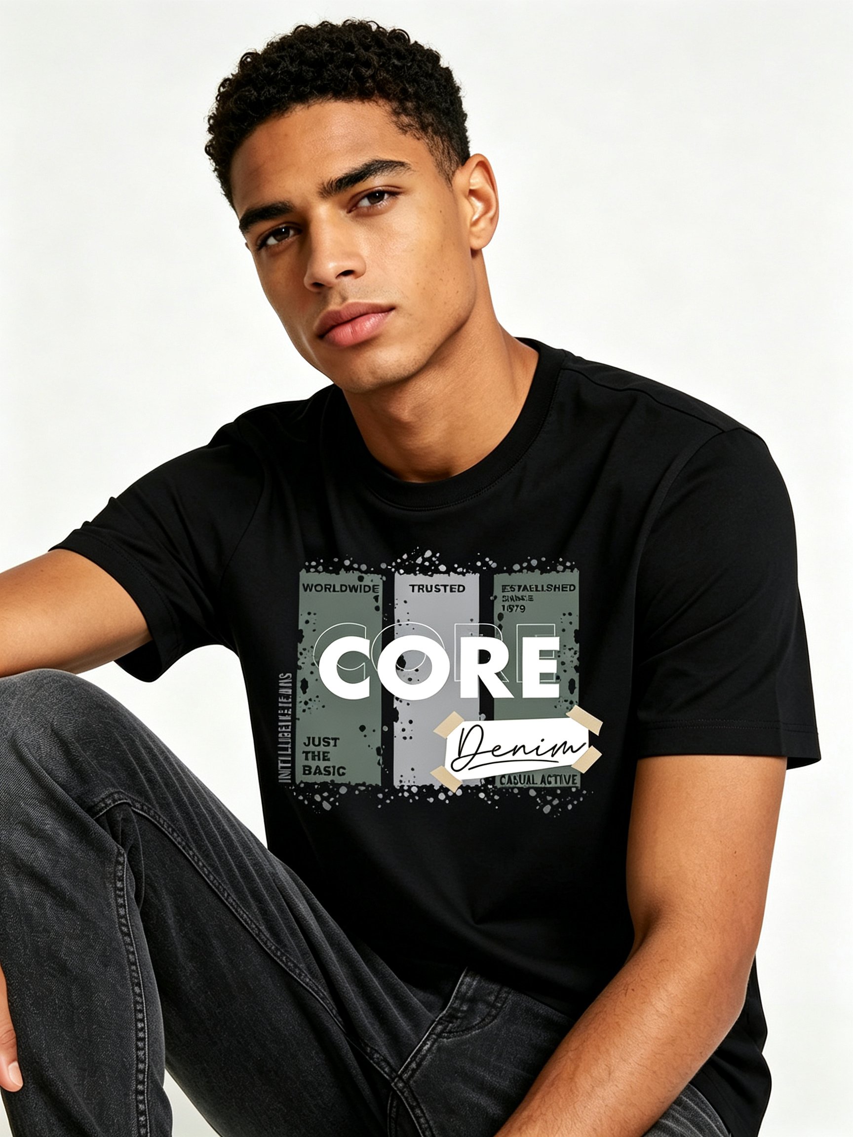 Black Printed Round Neck Regular T-Shirt