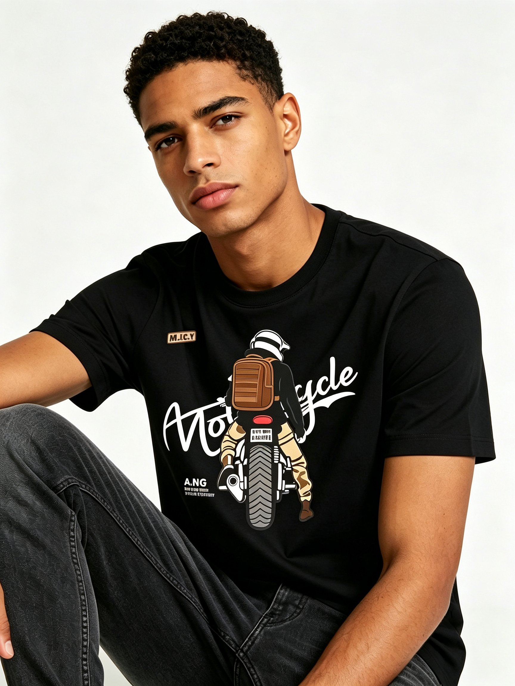 Black Printed Round Neck Regular T-Shirt