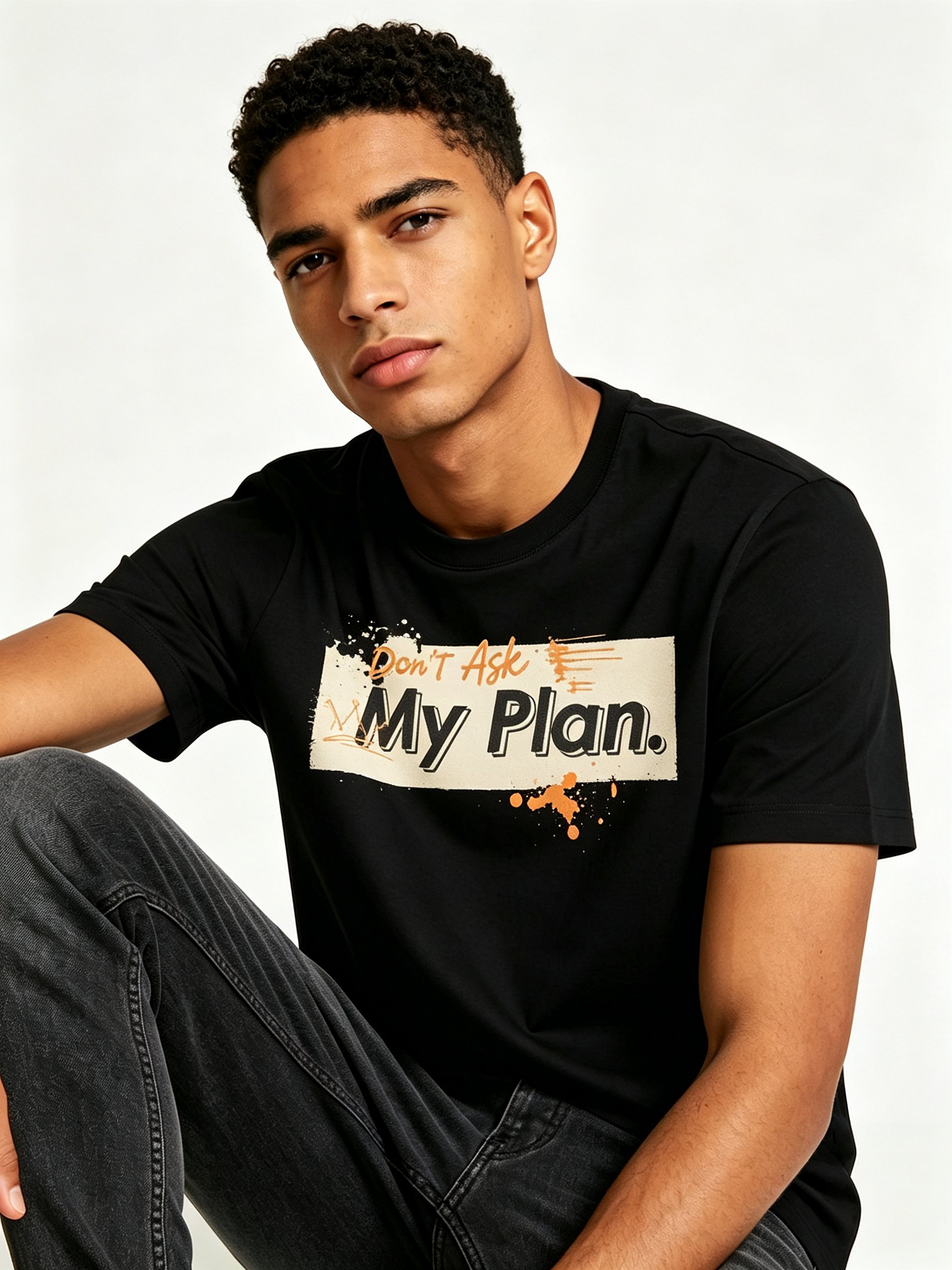 Black Printed Round Neck Regular T-Shirt