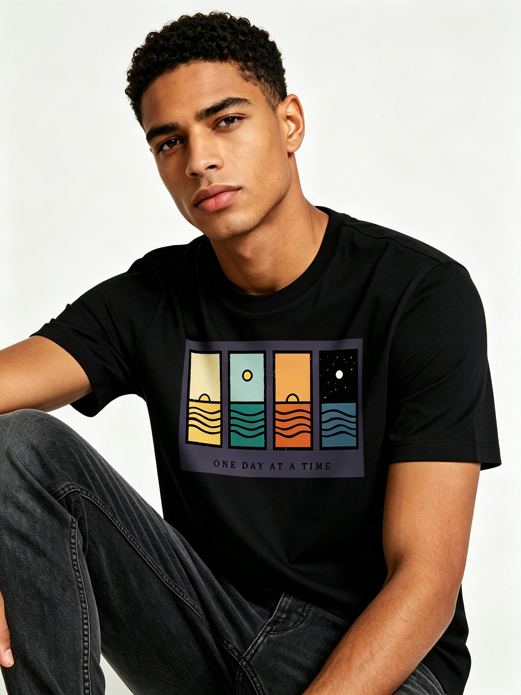 Black Printed Round Neck Regular T-Shirt