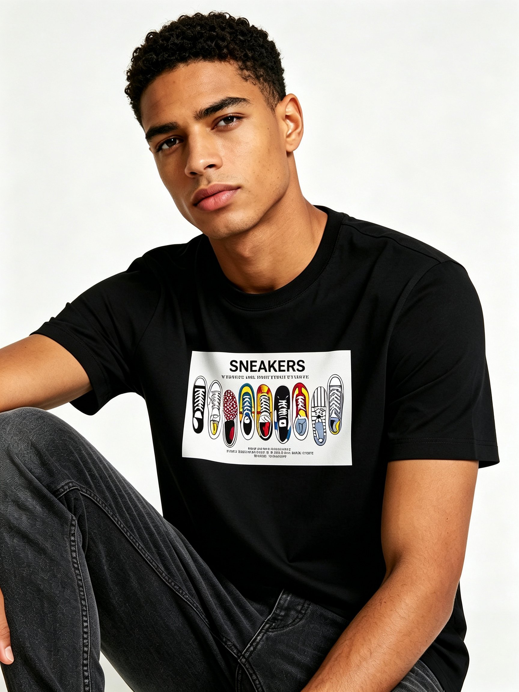 Black Printed Round Neck Regular T-Shirt