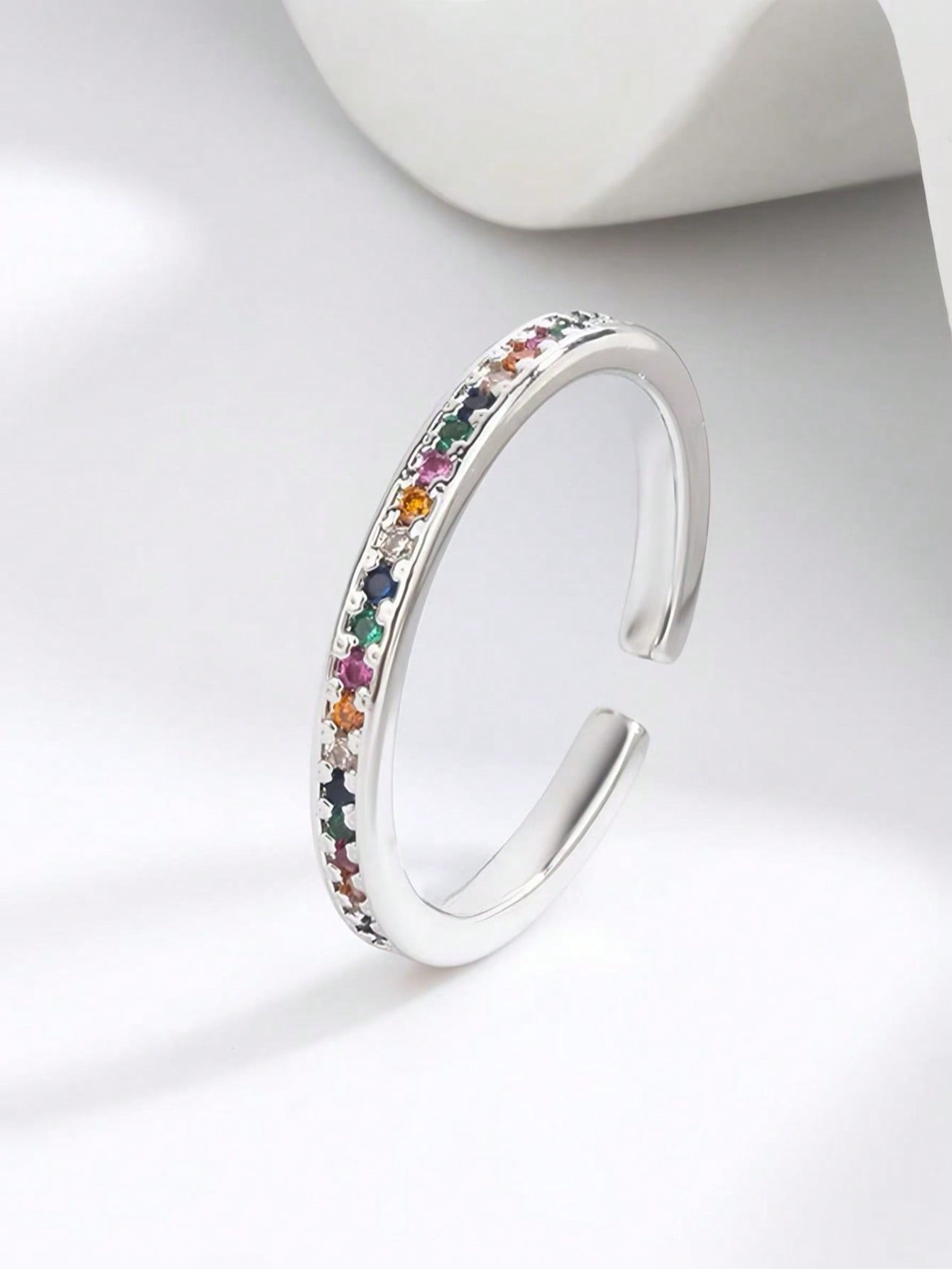 Delicate and fashionable light luxury rainbow zirconium ring, open design, suitable for daily wear