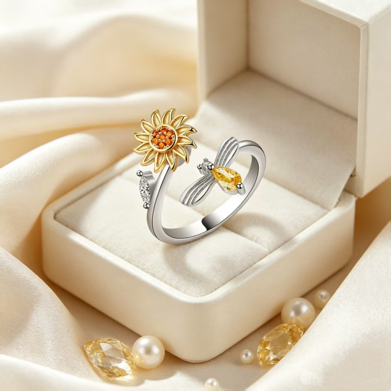 Sunflower rotating ring womens fashion anxiety relieving sunflower ring wholesale