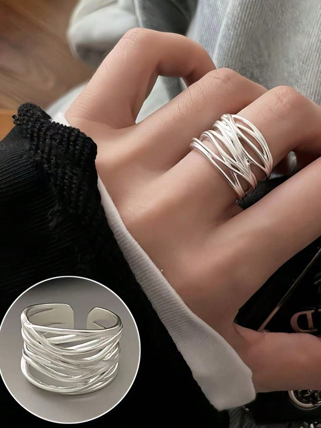 Fashion Wide Edge Geometric Lines Ring - Adjustable Matte Wide Mouth Ring, Adjustable Ring Gift