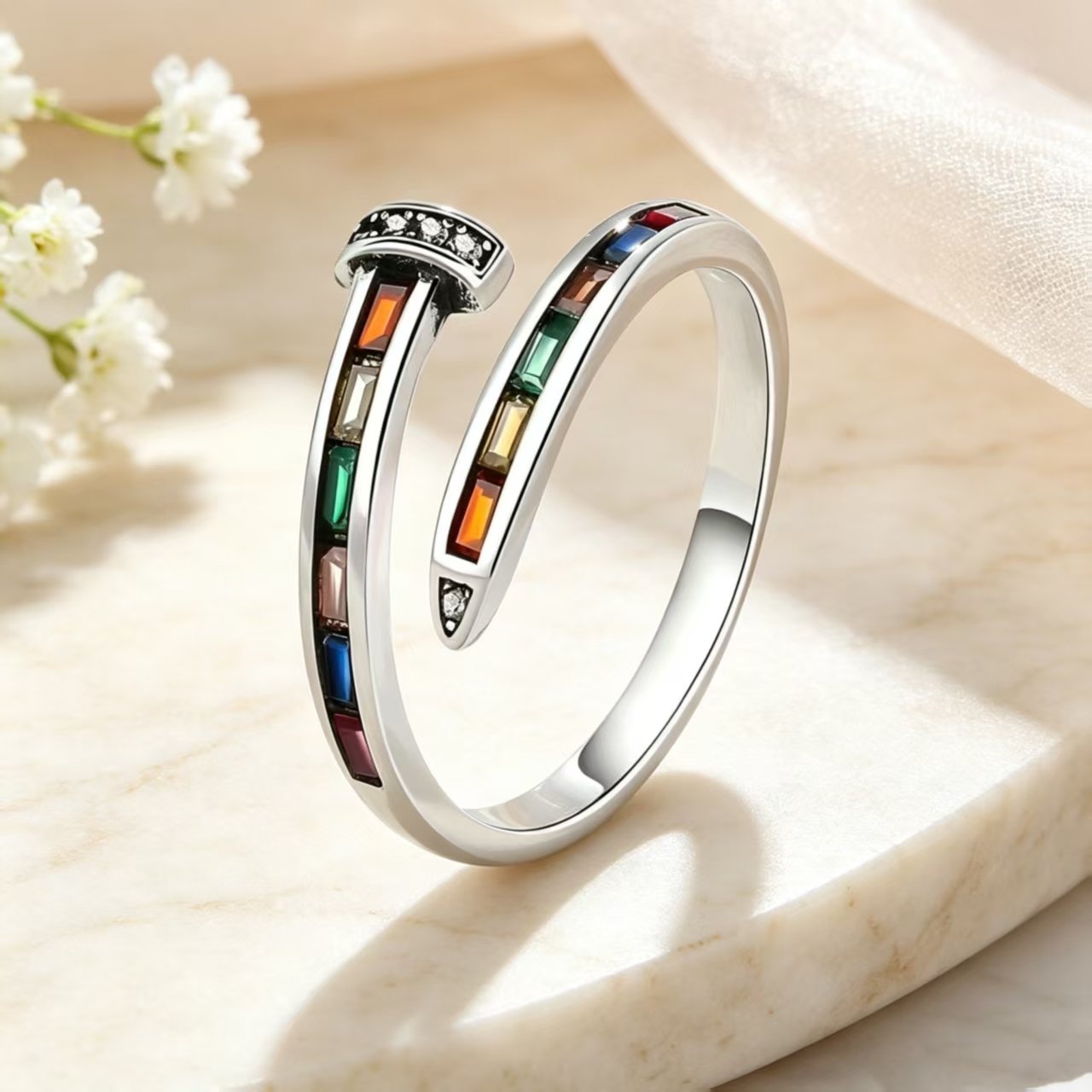 Rainbow Diamond Nail Ring Womens Small Zircon Open Ring High-end Versatile Index Ring