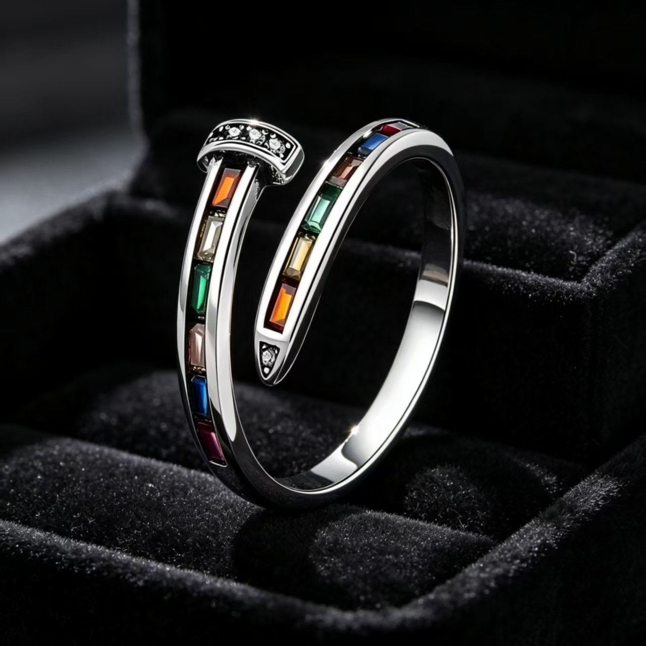 Rainbow Diamond Nail Ring Womens Small Zircon Open Ring High-end Versatile Index Ring