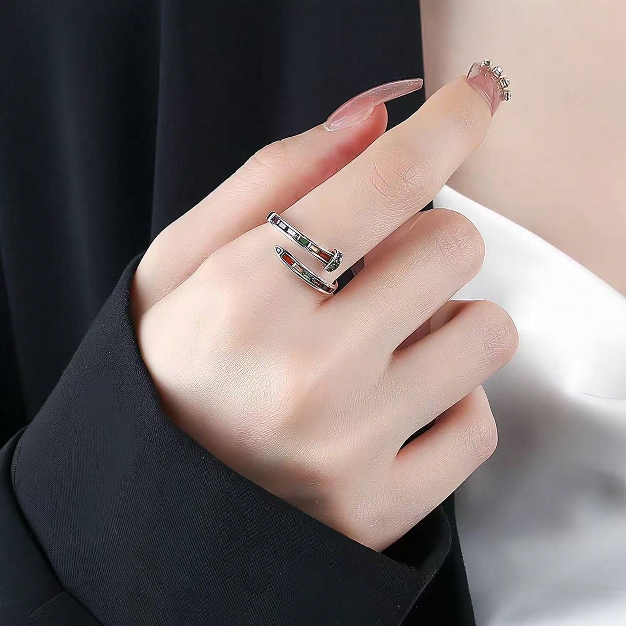 Rainbow Diamond Nail Ring Womens Small Zircon Open Ring High-end Versatile Index Ring