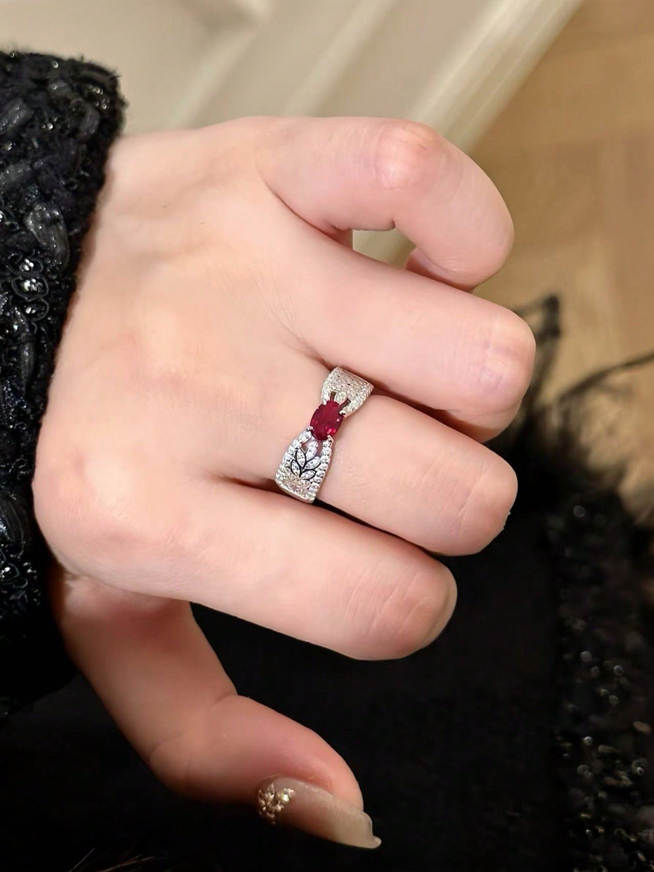 Retro court style wheat earring, set with diamonds and pigeon blood red gemstones, Valentines Day gift