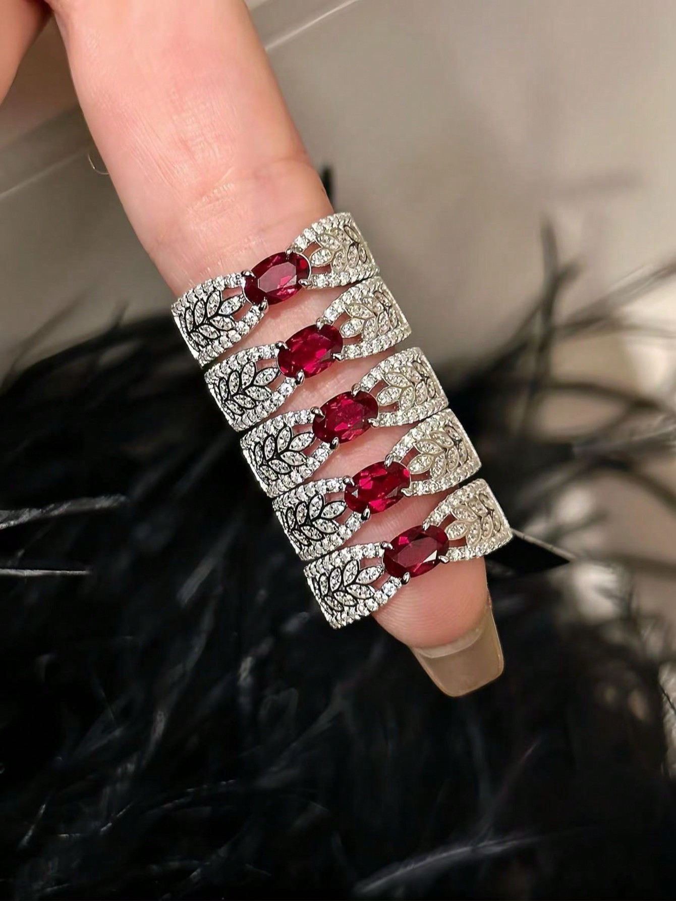 Retro court style wheat earring, set with diamonds and pigeon blood red gemstones, Valentines Day gift
