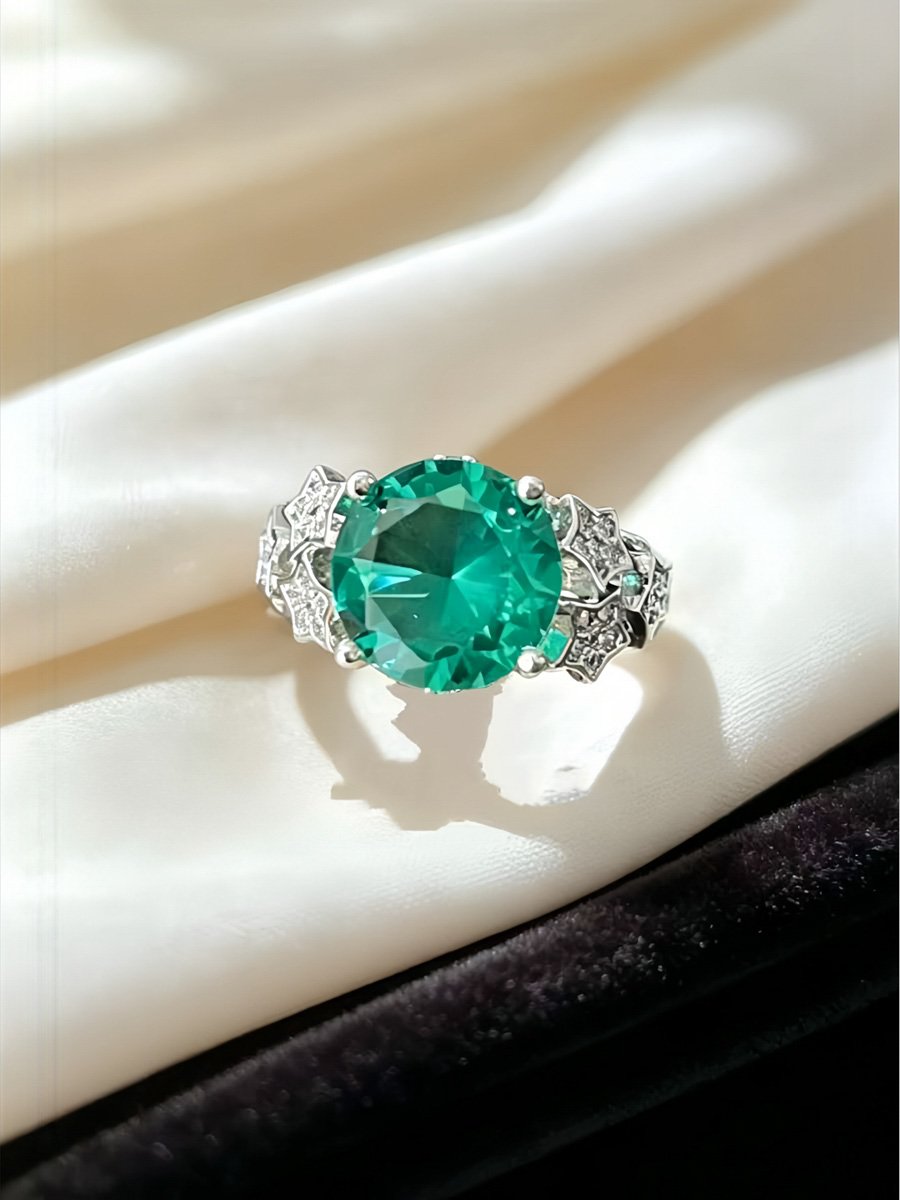 Luxurious star-shaped micro-set colored ring 5-carat large-grain imitation Paraiba high-carbohydrate diamond womens ring