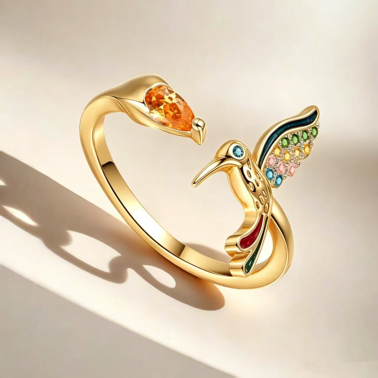 Fashionable and simple adjustable hummingbird ring, set with colored zircon, suitable for women to wear, suitable for daily wear.