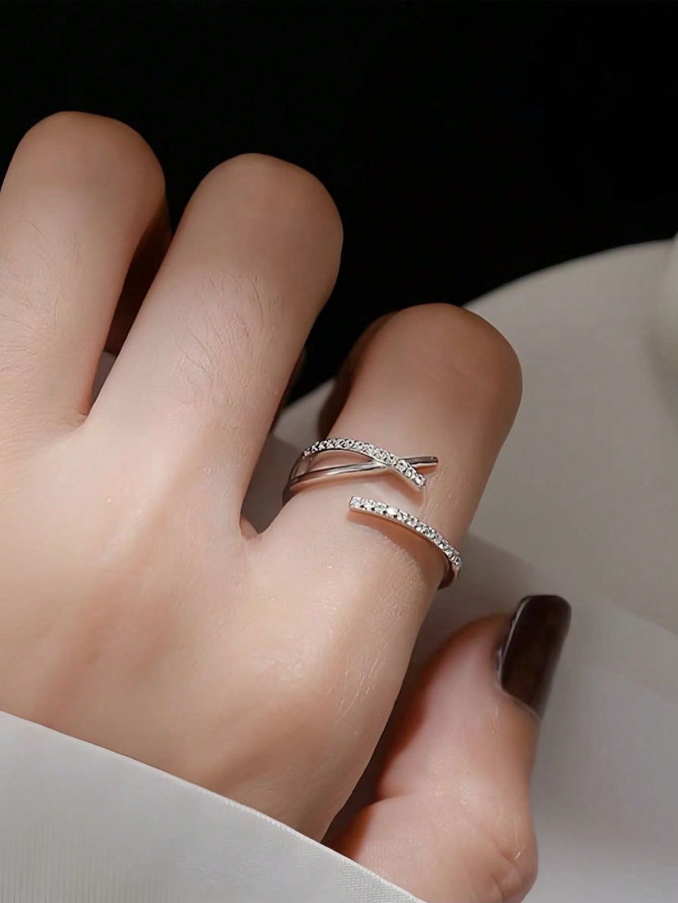 Simple and small-scale design, light luxury, double-layer opening, electroplated silver ring, jewelry, gift, sparkle diamond line ring, womens style