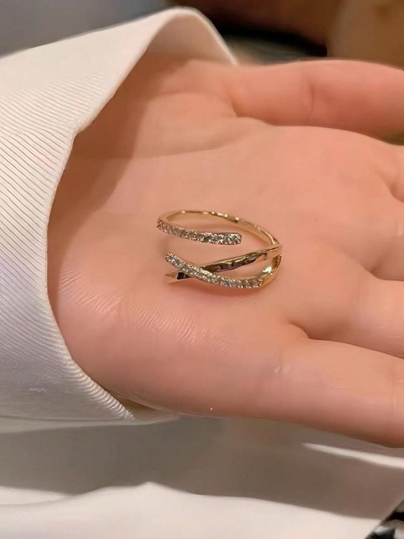 Simple and small-scale design, light luxury, double-layer opening, gold-plated ring, jewelry, gift, sparkle diamond line ring, womens style