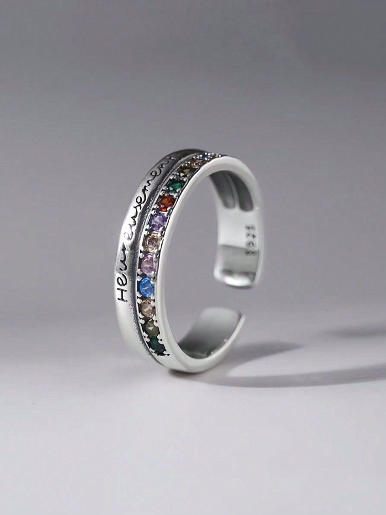 Retro double-layer colored zircon letter ring, fashionable jewelry, womens retro personality, universal for men and women, suitable for daily wear.