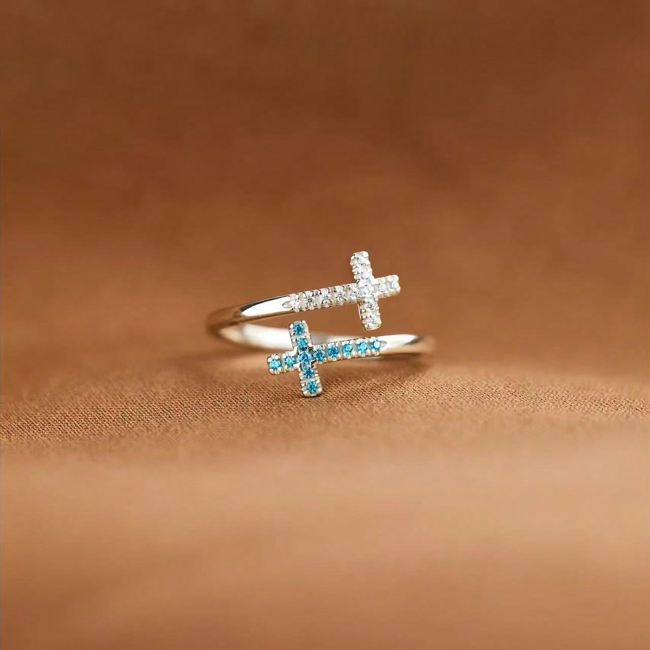 1 piece of blue pure silver double cross ring, simple diamond zircon open ring, womens jewelry, suitable for wearing on weekdays, can be given as a gift to friends