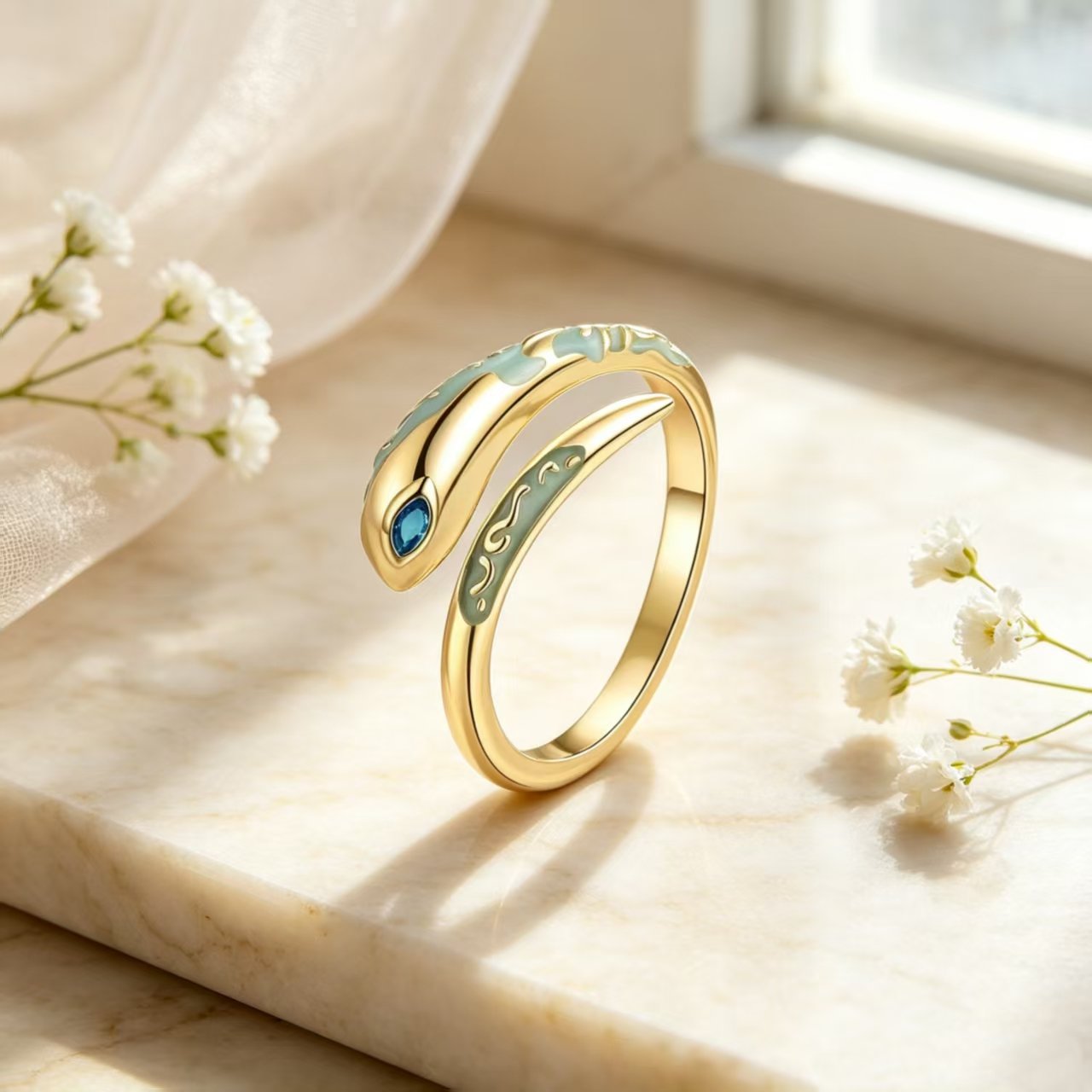 Punk Snake Shape Gold Plated Open Ring Neutral Hip Hop Fashion Personalized Thumb Bite Cool Couple Ring Suitable for Daily Dressing Gift
