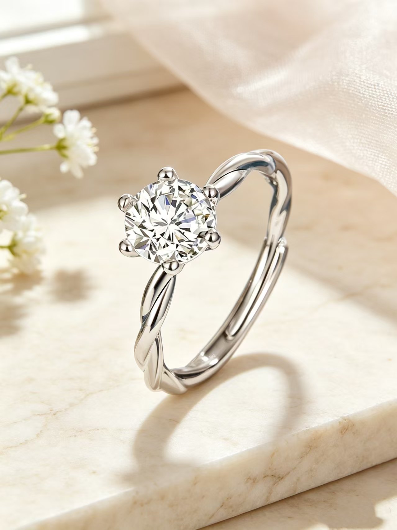 1-carat diamond ring, adjustable flower ring, Valentines Day gift