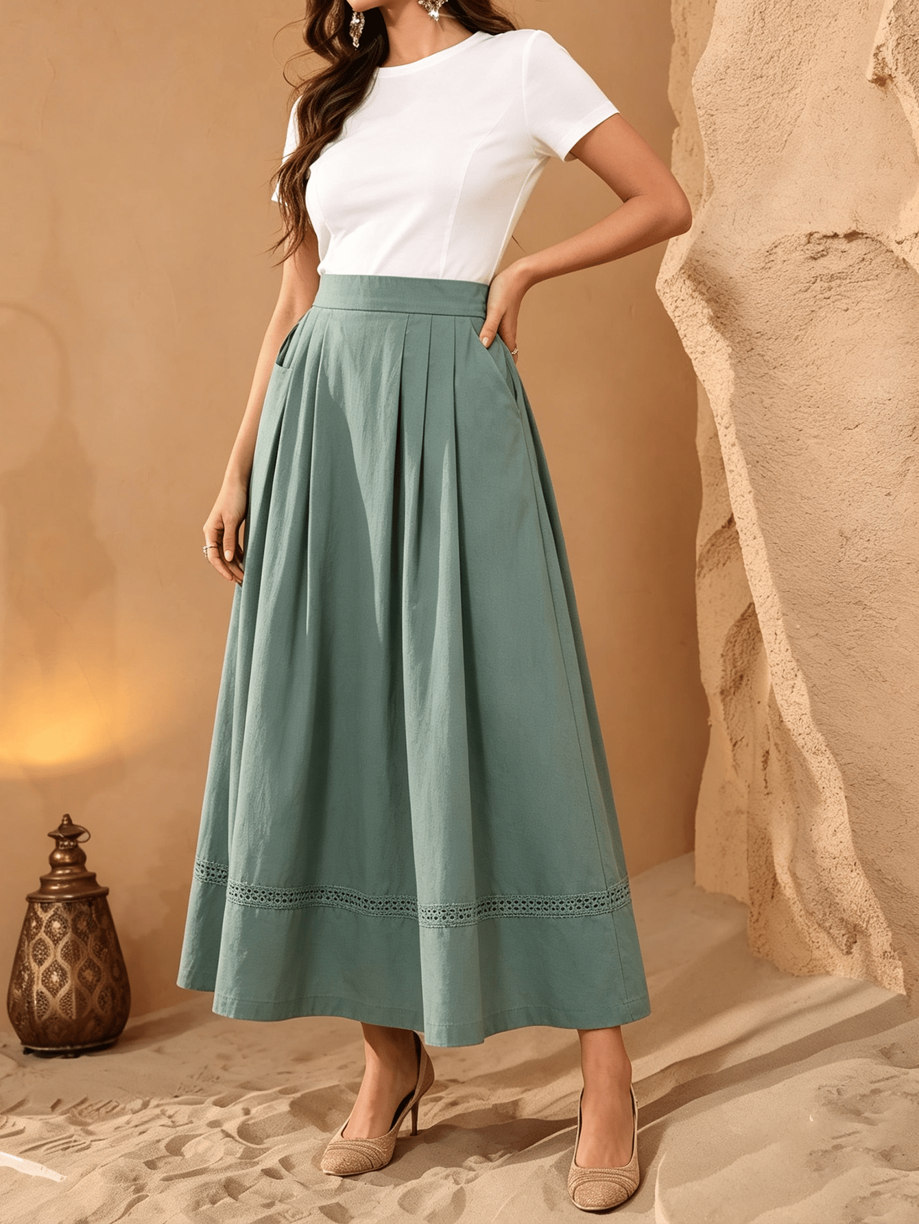 Green Solid Flared Maxi Skirt
