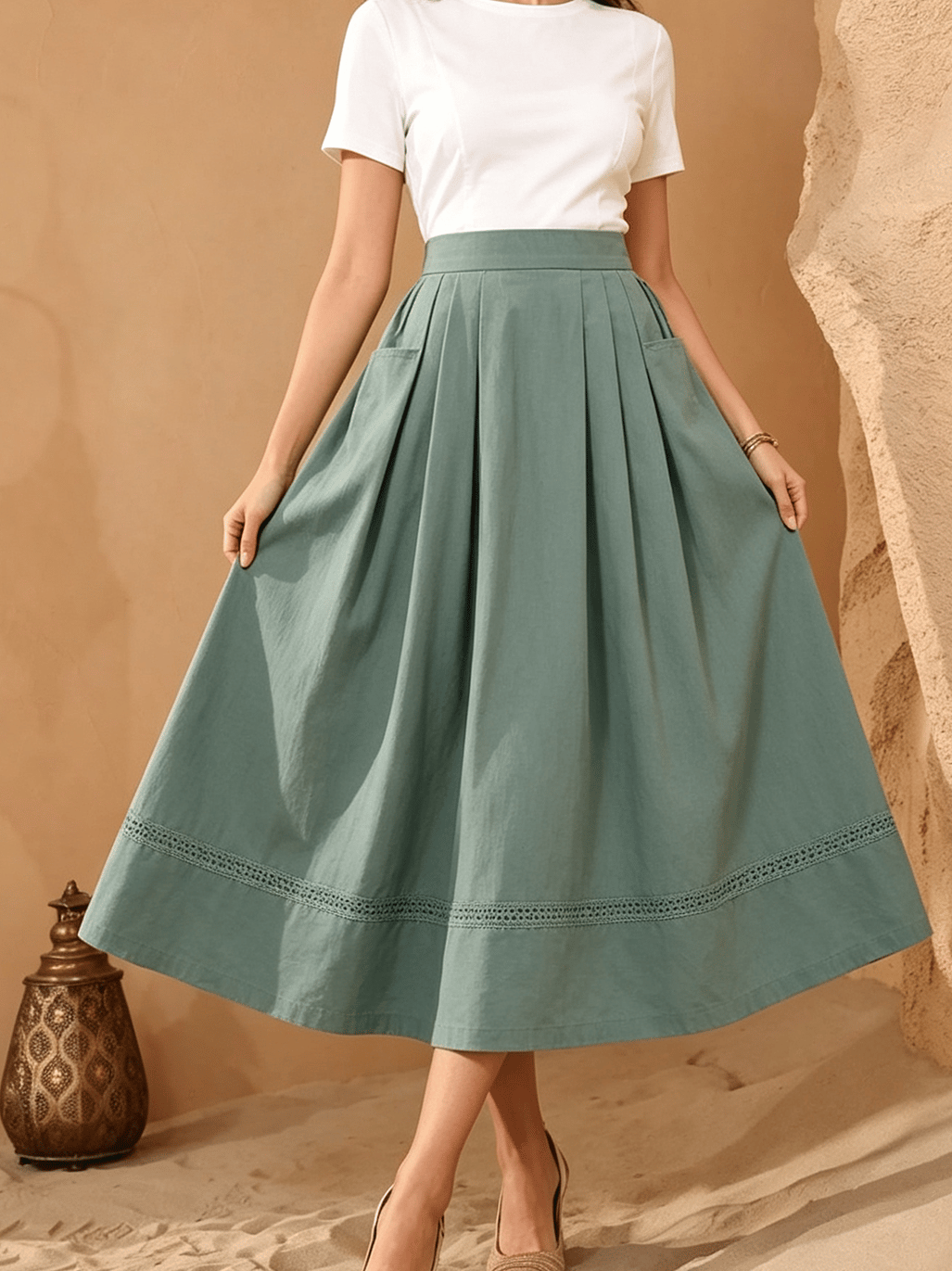 Green Solid Flared Maxi Skirt