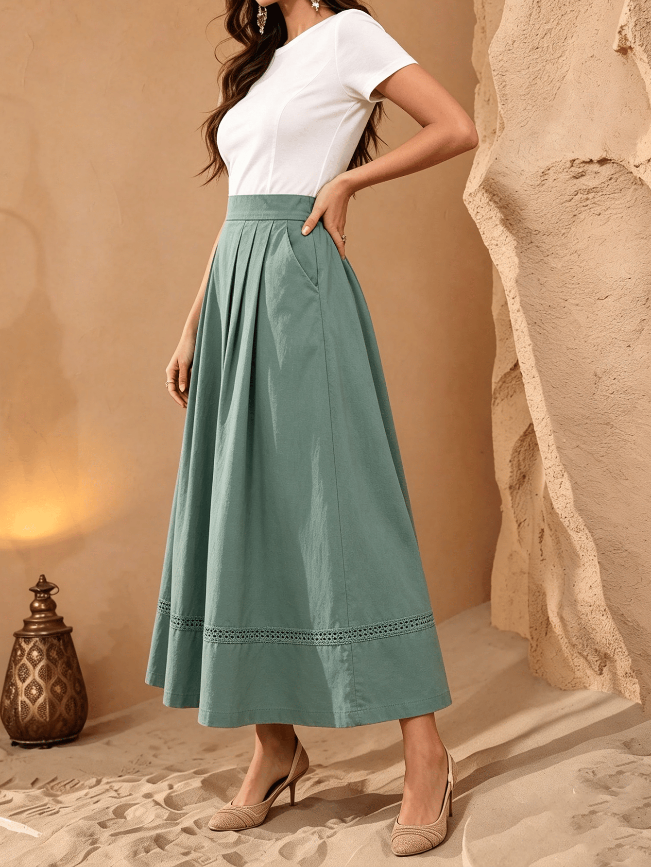 Green Solid Flared Maxi Skirt