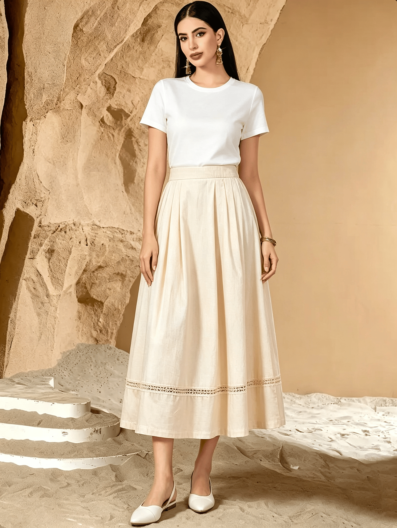 Cream Solid Flared Midi Skirt
