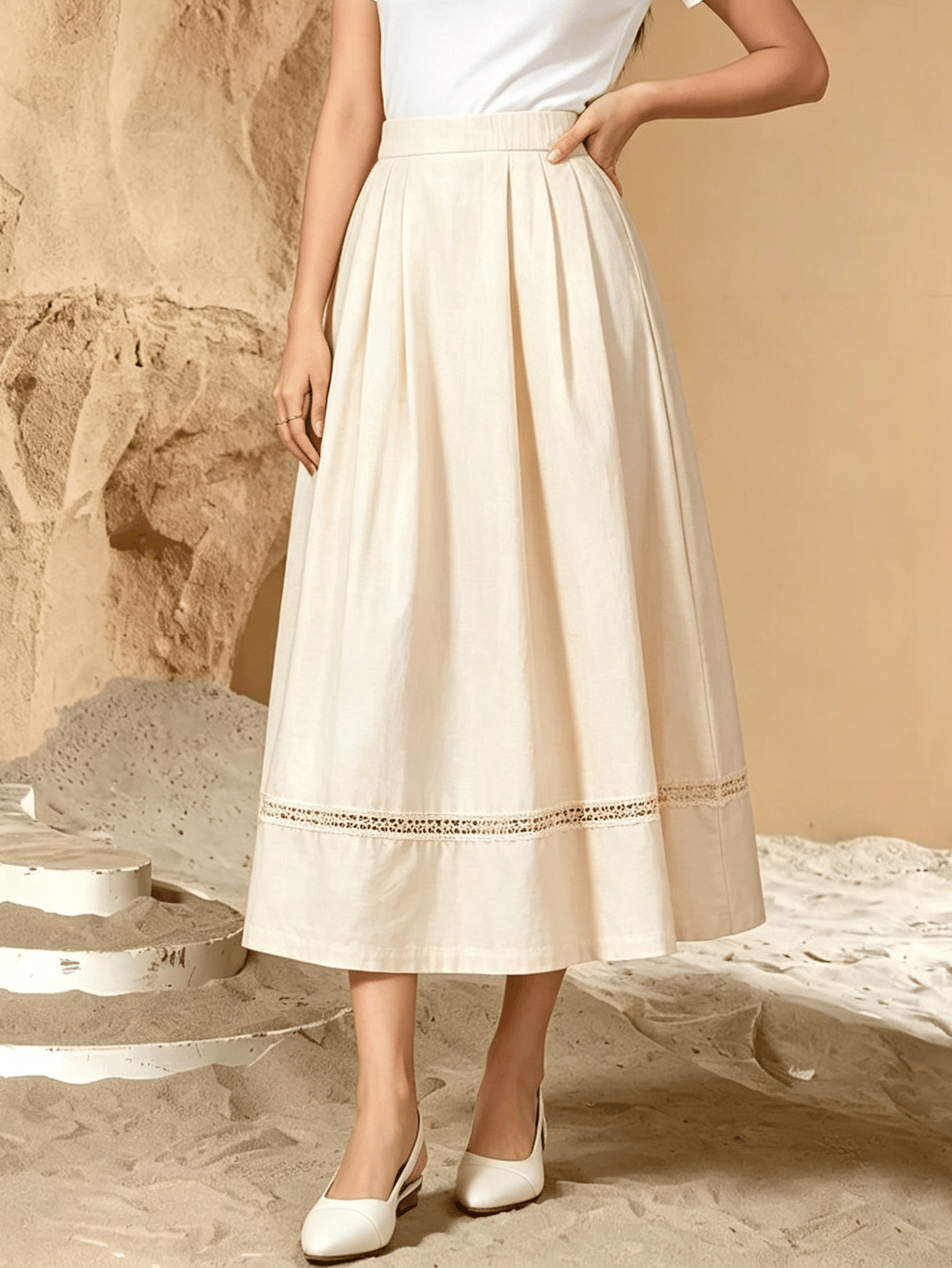 Cream Solid Flared Midi Skirt